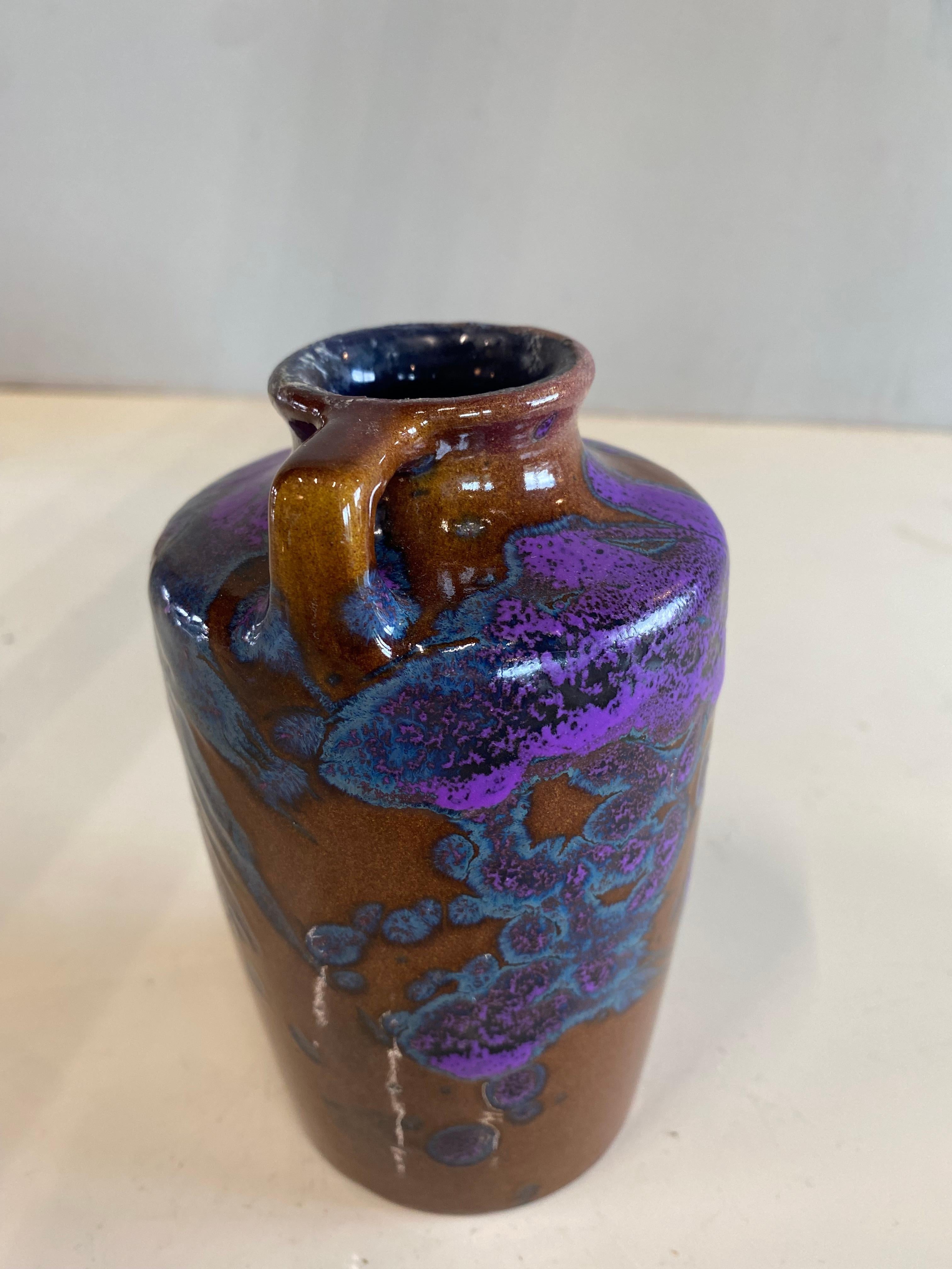 Glazed Mid-Century Scheurich Ceramic Vase with Art Nouveau Shape in Brown, Purple, Blue For Sale