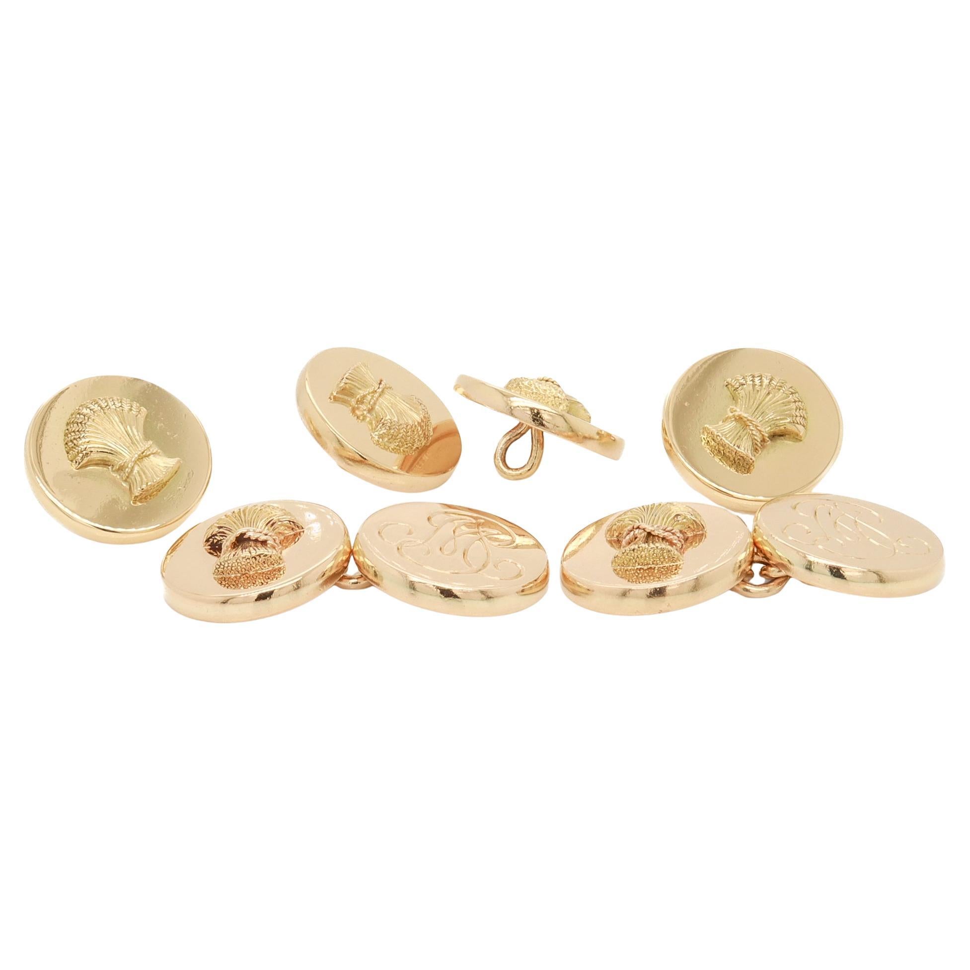 Mid-Century Schlumberger/Tiffany & Co 14K Gold Wheatsheaf Cufflinks & Button Set