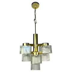 Mid Century Sciolari by Lightolier Tiered Brass and Glass Block Chandelier