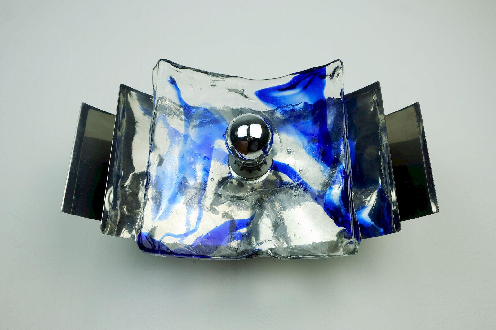 German Midcentury Sconce Glass Metal Chrome Murano Ice Glass, 1960s 70s For Sale