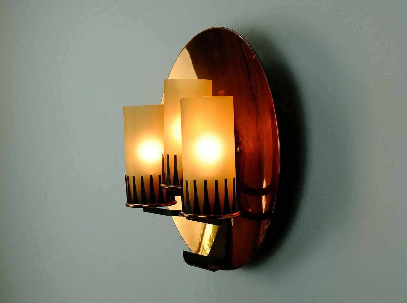 German Midcentury Sconce Wall Lamp Stilnovo Era Copper Metal Glass For Sale