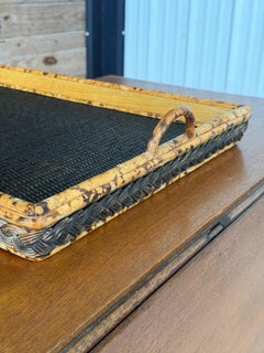 Mid-Century Scorched Bamboo and Woven Rattan Serving Tray