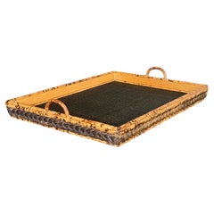 Mid-Century Scorched Bamboo and Woven Rattan Serving Tray
