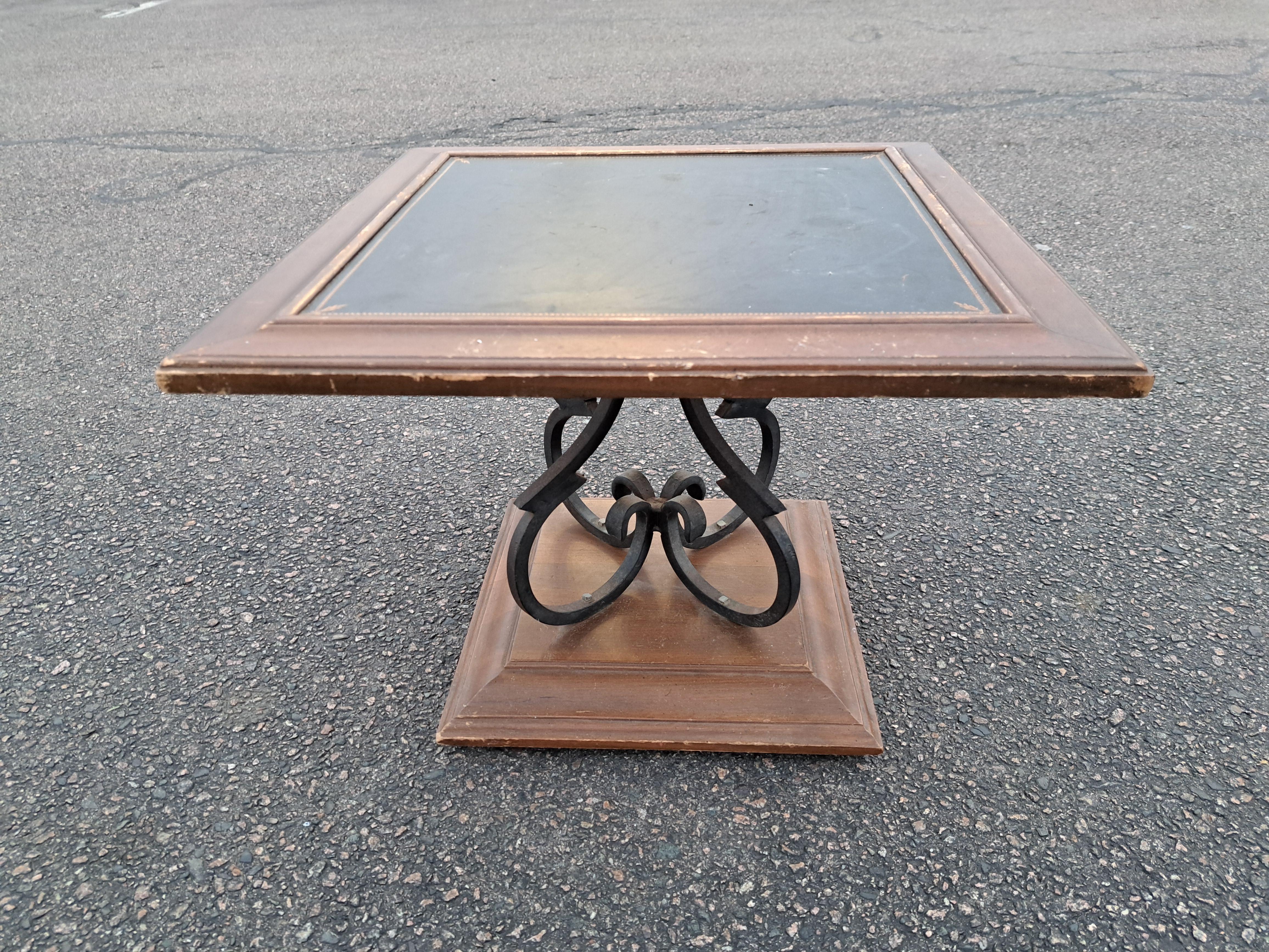 Mid Century Scrolled Wrought Iron, Wood & Leather Low Swivel Side Tables -A Pair In Good Condition For Sale In Weymouth, MA