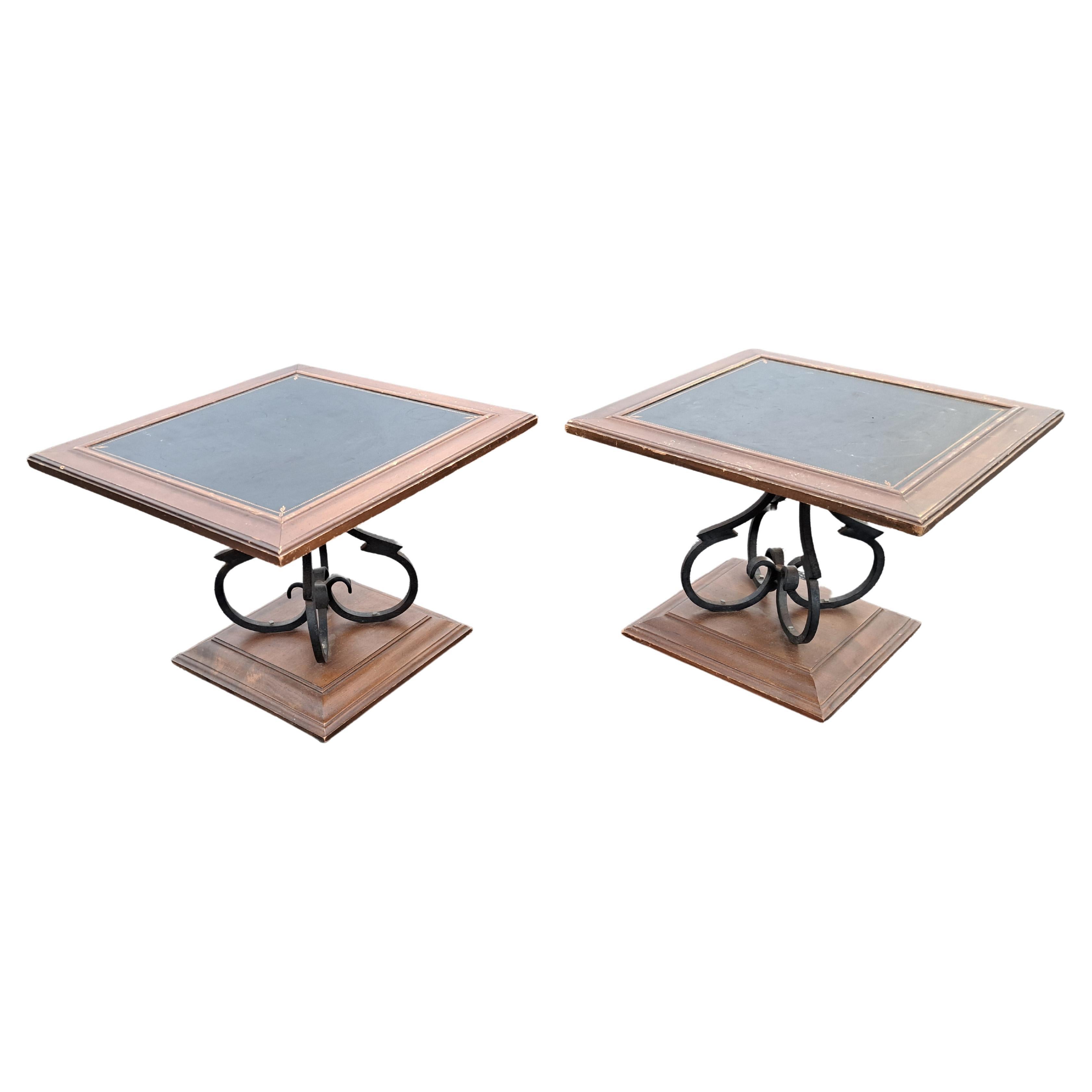Mid Century Scrolled Wrought Iron, Wood & Leather Low Swivel Side Tables -A Pair For Sale