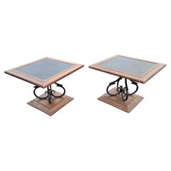 Vintage Mid Century Scrolled Wrought Iron, Wood & Leather Low Swivel Side Tables -A Pair