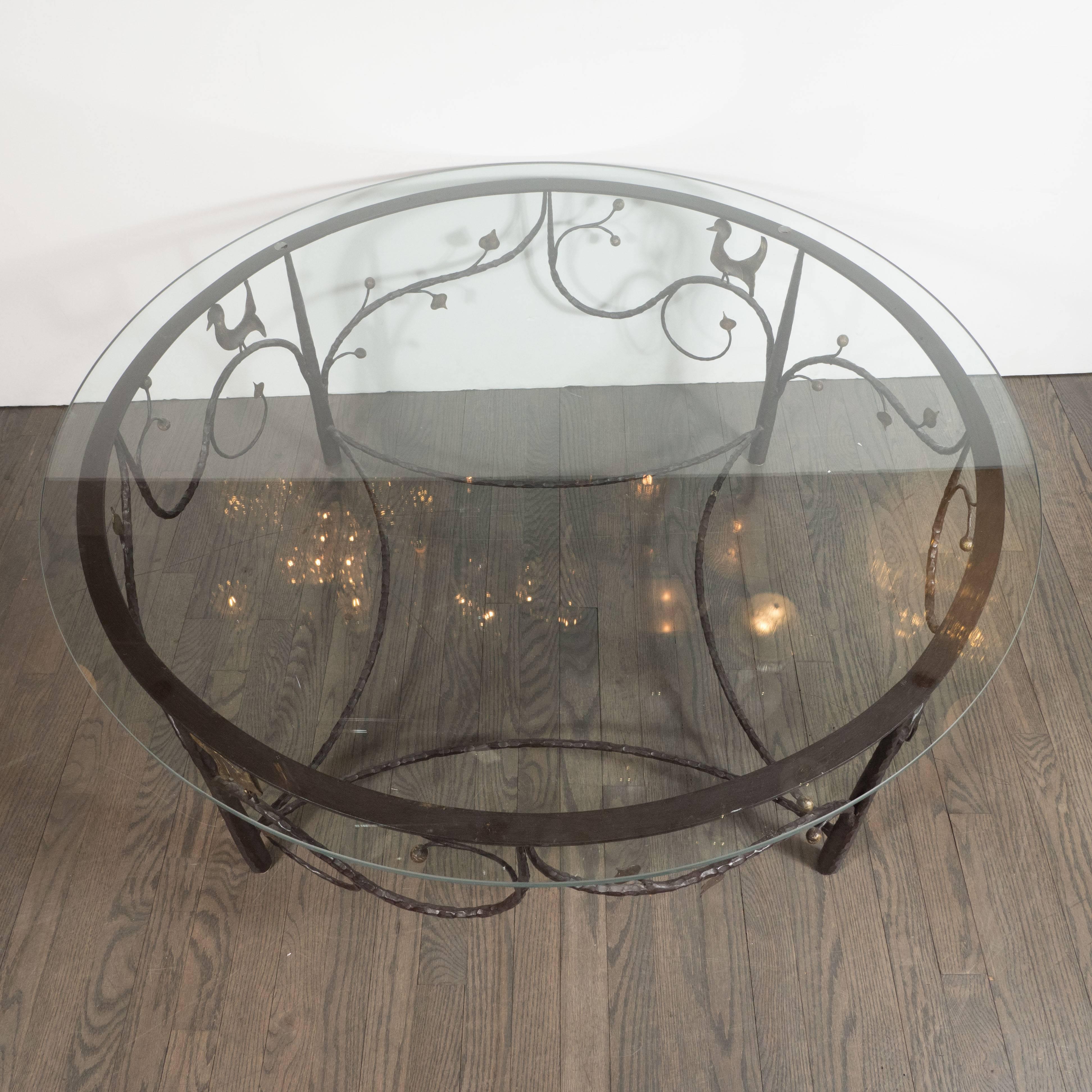 American Midcentury Scrolling Bronze Coffee Table with Flora and Fauna Motifs