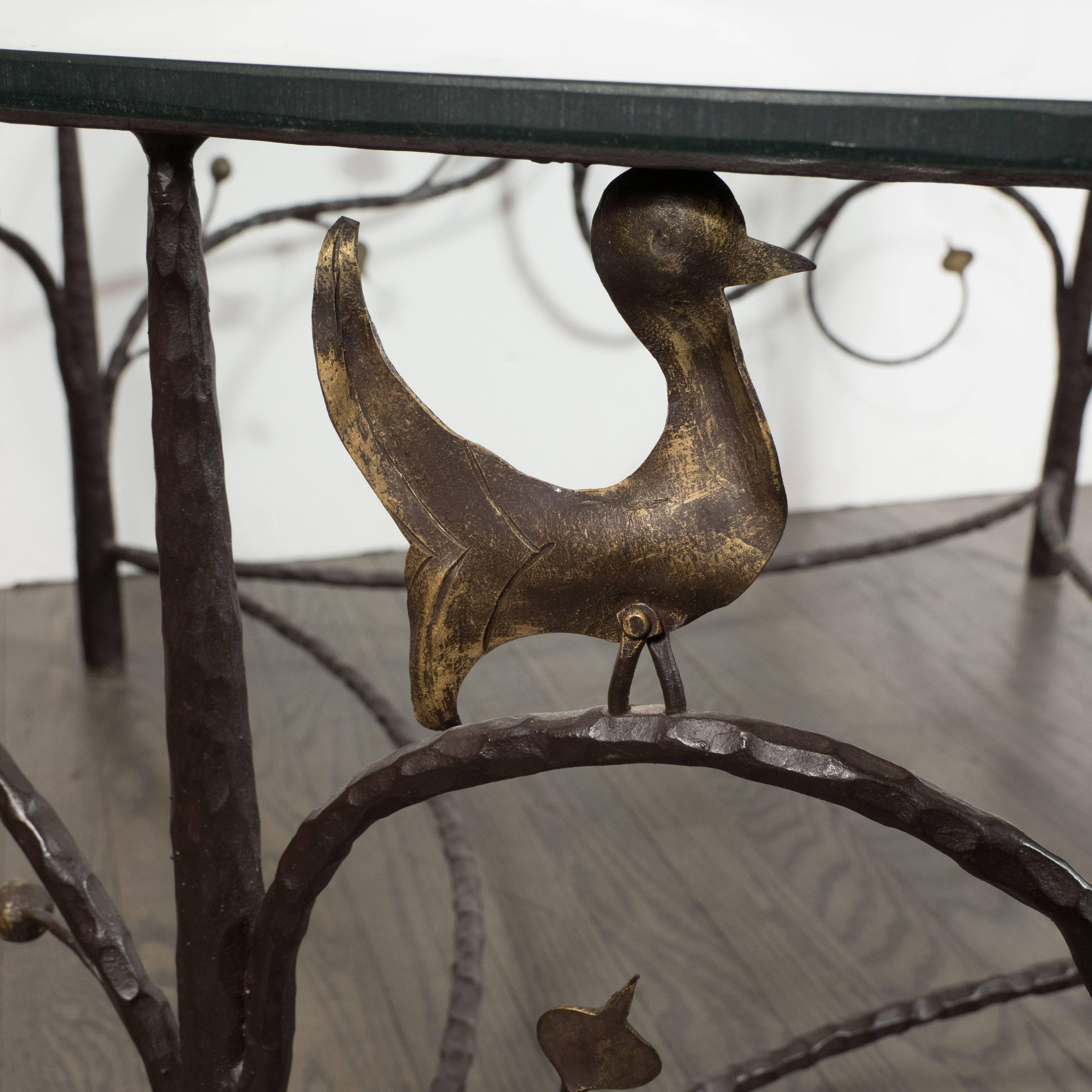 Midcentury Scrolling Bronze Coffee Table with Flora and Fauna Motifs In Excellent Condition In New York, NY