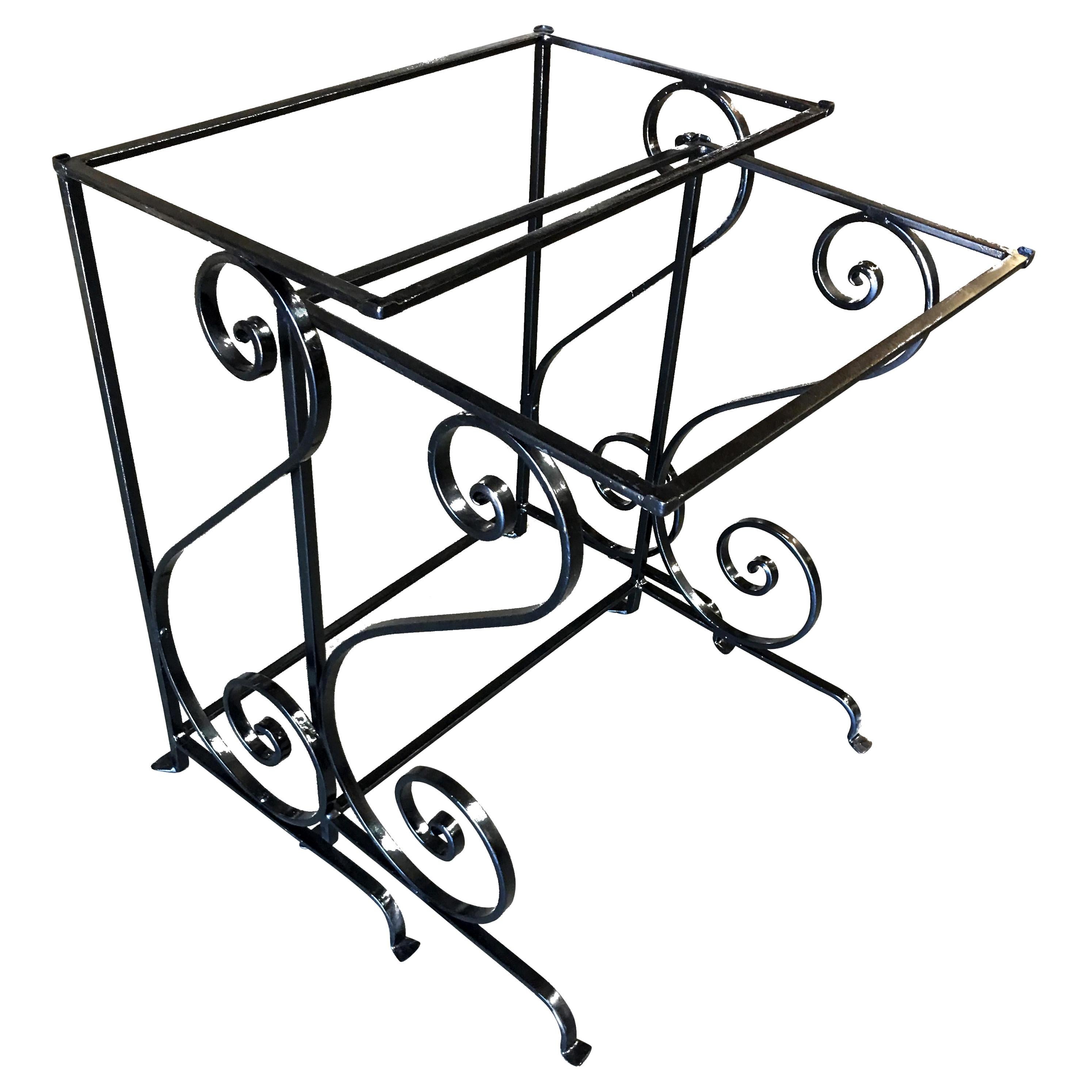 Midcentury Scrolling Iron Patio Nesting Side Tables with Glass Tops, Pair For Sale