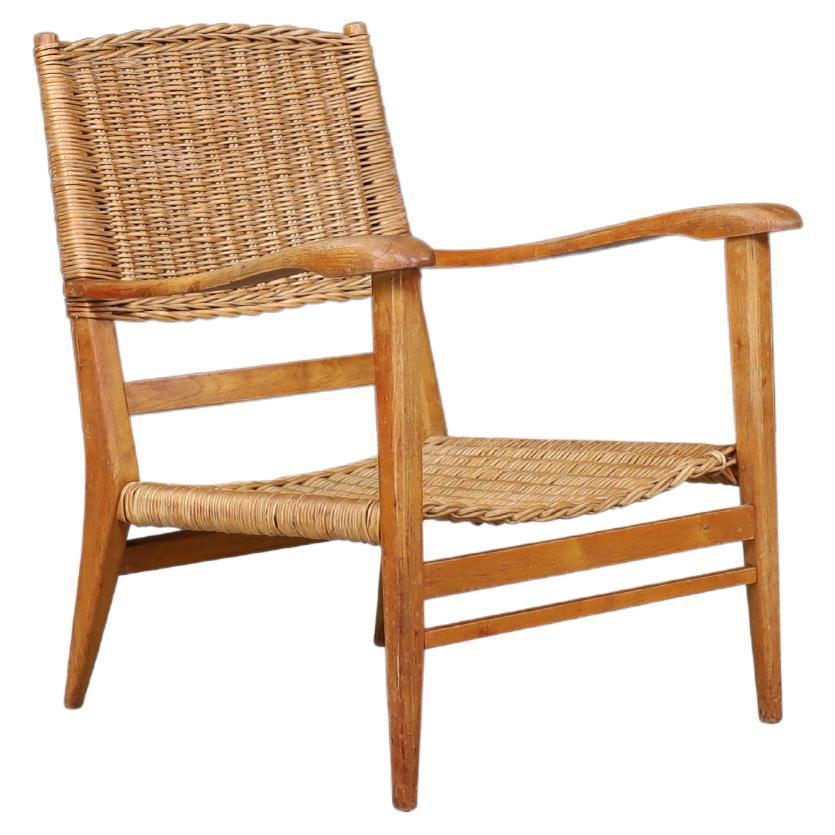 Mid-Century Sculpted Armchair in Oak and Rattan, France, 1950s
