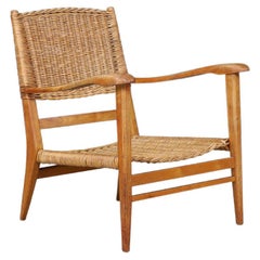 Mid-Century Sculpted Armchair in Oak and Rattan, France, 1950s