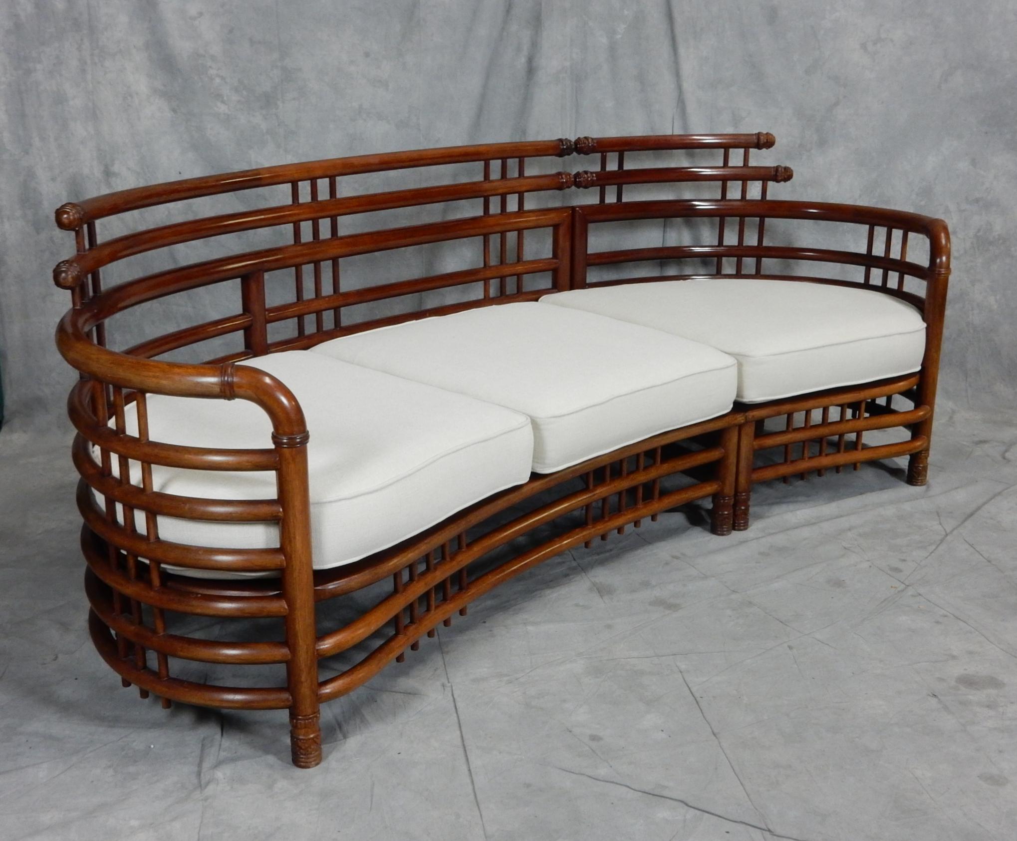Vogelkäfig-Sofa aus geschnitztem Bugholz und Teakholz aus der Jahrhundertmitte im Angebot 1