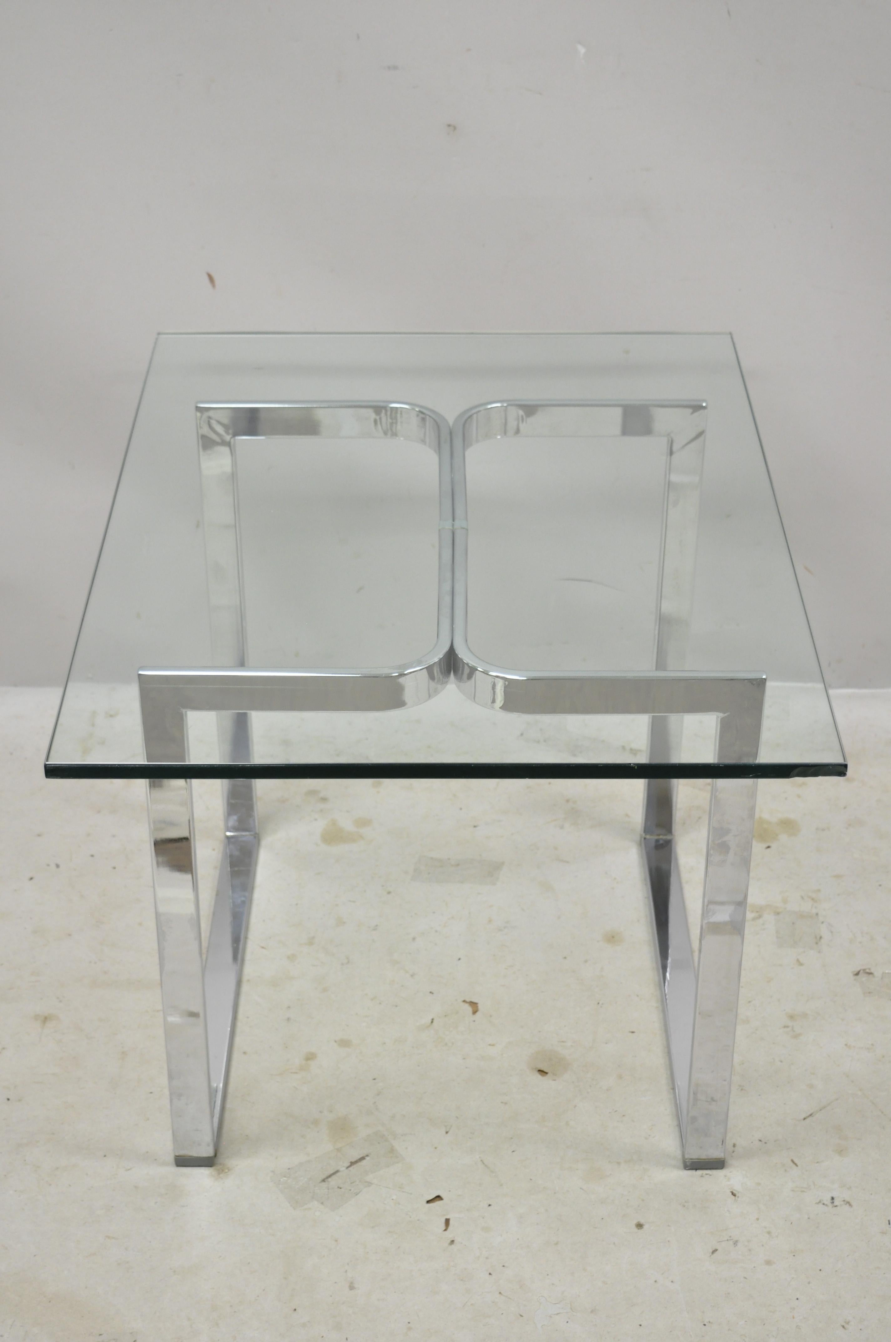 North American Mid Century Sculpted Chrome Base Rectangular Glass Top Occasional Side Table For Sale