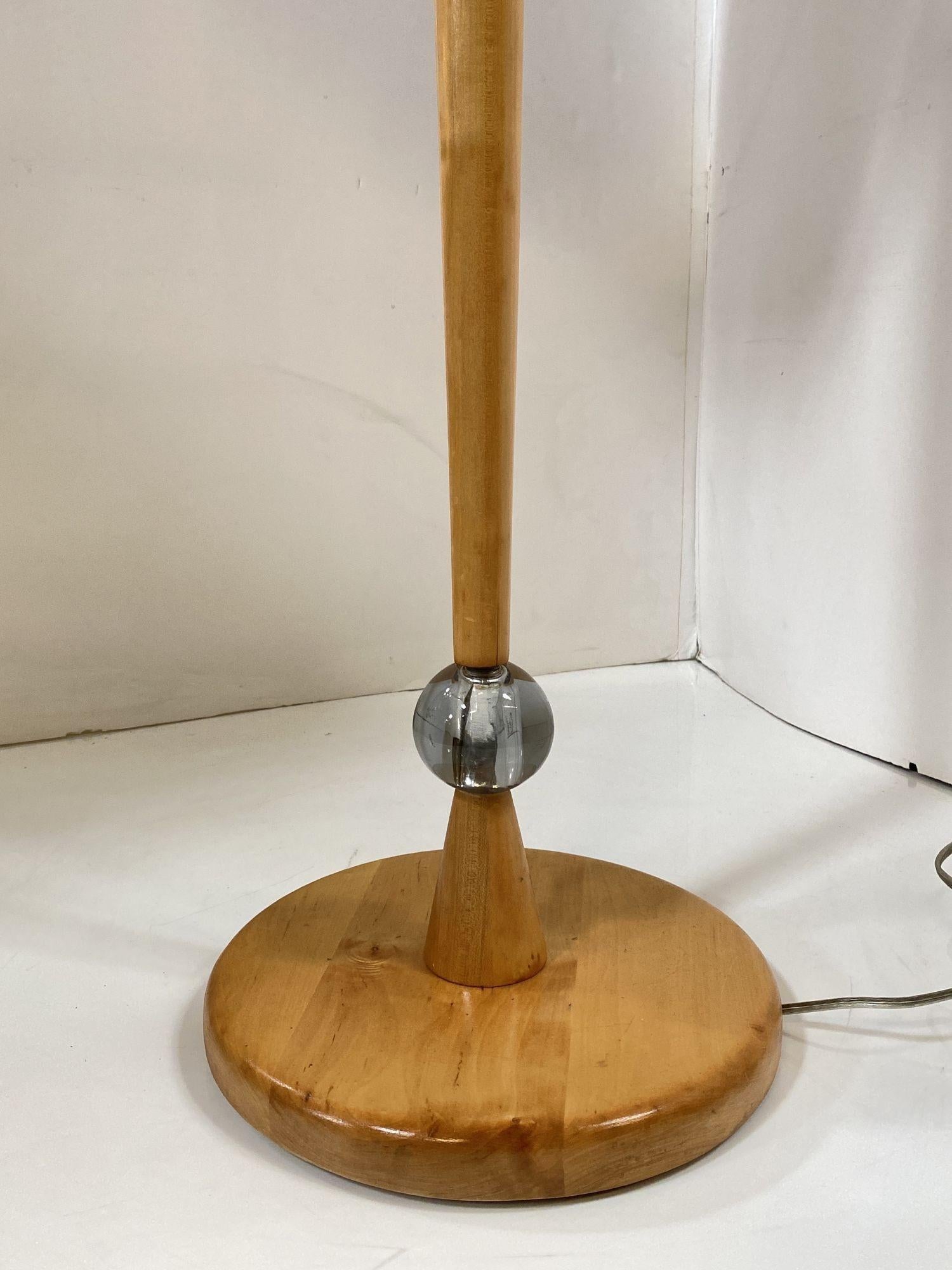 American Midcentury Sculpted Maple and Lucite Floor Lamp W/ Wood Shade For Sale