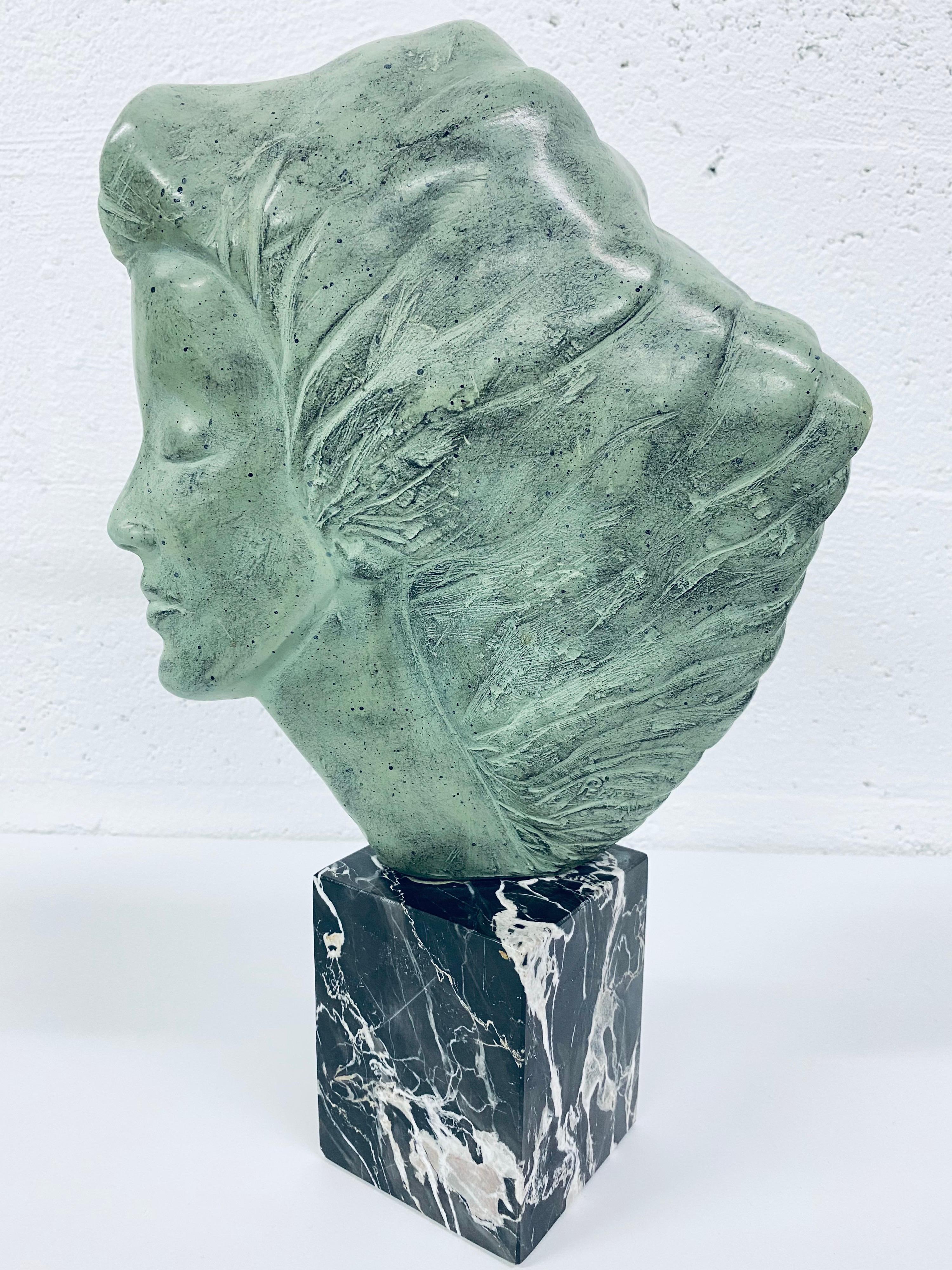 Midcentury resin sculpture of a woman with long flowing hair on marble base by Peggy Mach for Alva Museum Reproductions (AMR), 1971. Signed and dated.