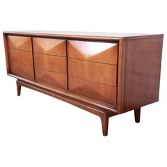 Midcentury Sculpted Walnut Diamond Front Long Dresser or Credenza by United