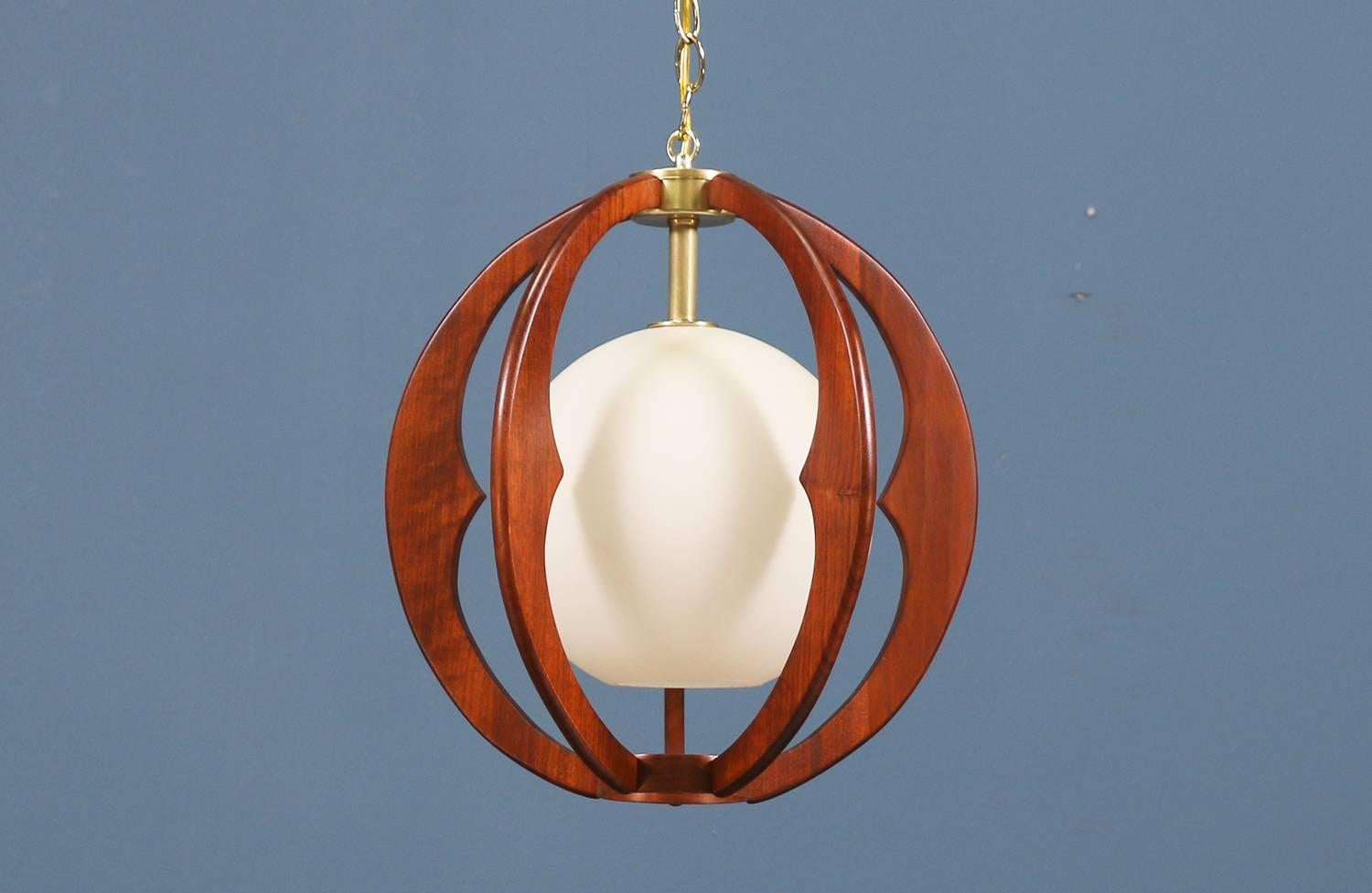 Mid-Century Modern Midcentury Sculpted Walnut Globe Pendant Chandelier