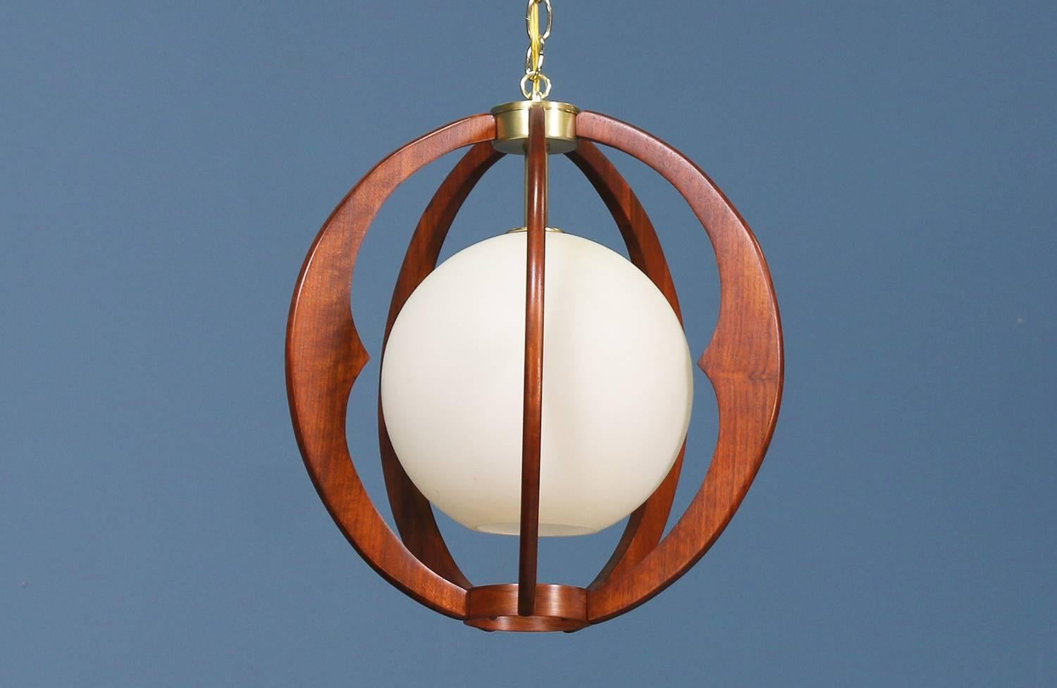 American Midcentury Sculpted Walnut Globe Pendant Chandelier