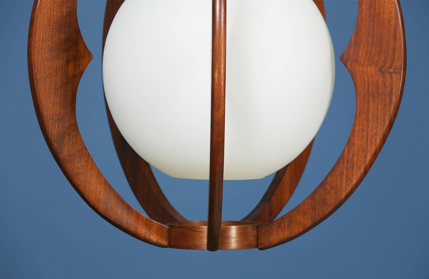 Midcentury Sculpted Walnut Globe Pendant Chandelier In Excellent Condition In Los Angeles, CA