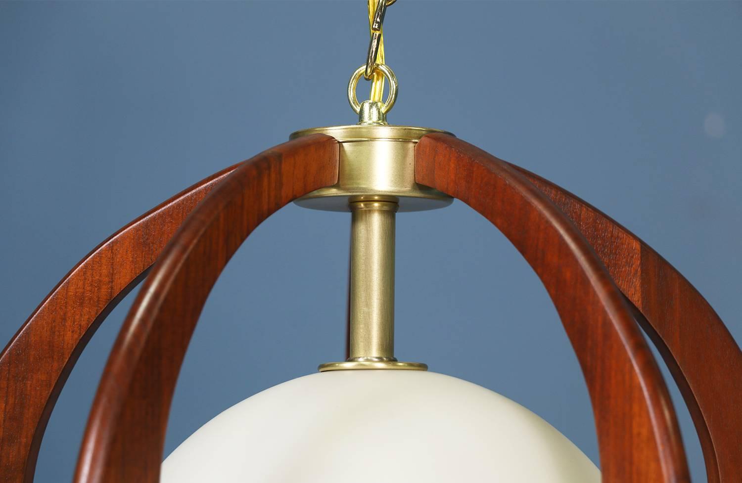 Brass Midcentury Sculpted Walnut Globe Pendant Chandelier