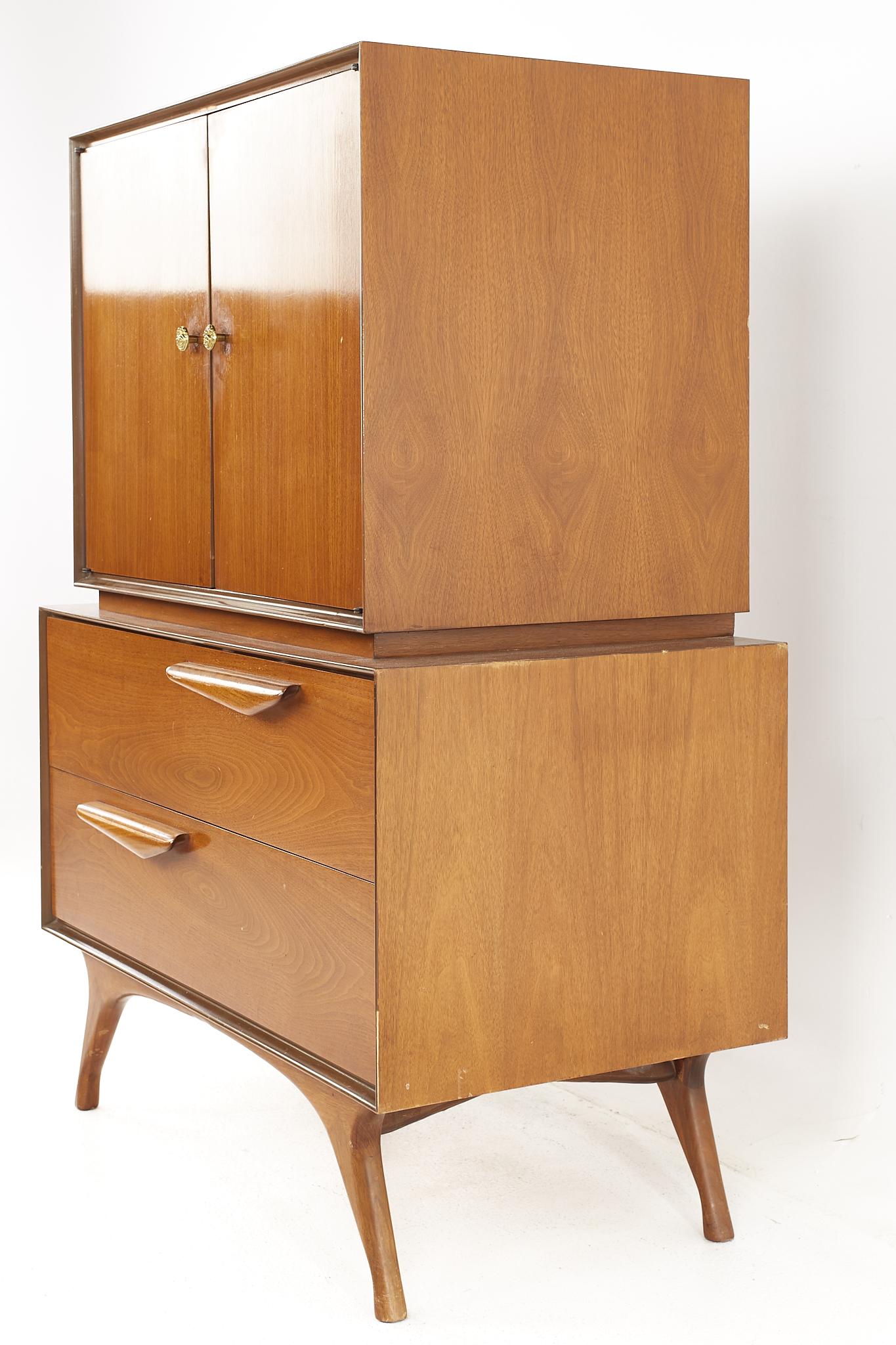 American Mid Century Sculpted Walnut Highboy Armoire Gentlemans Chest For Sale