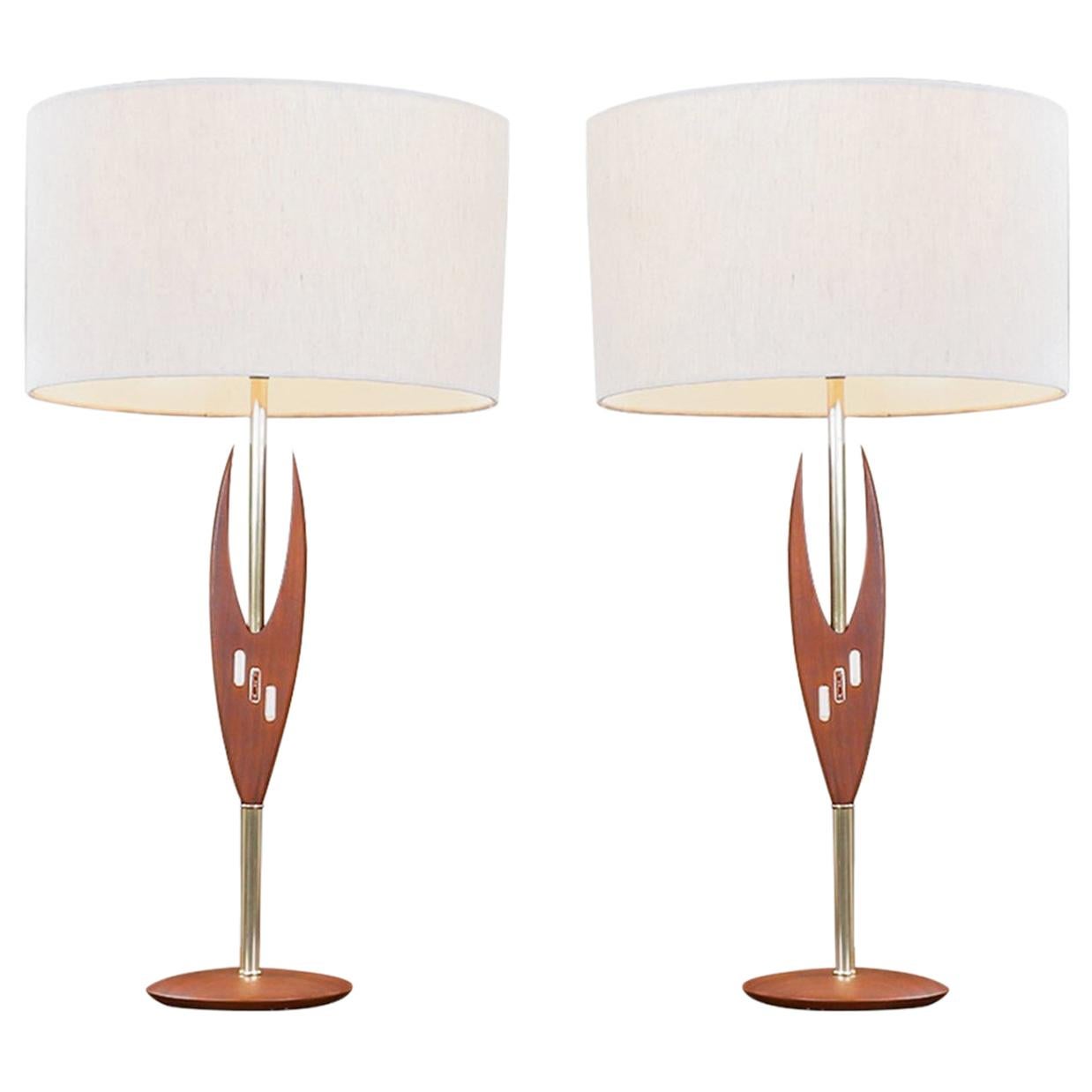 Midcentury Sculpted Walnut and Inlaid Tile Table Lamps