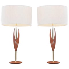 Midcentury Sculpted Walnut and Inlaid Tile Table Lamps