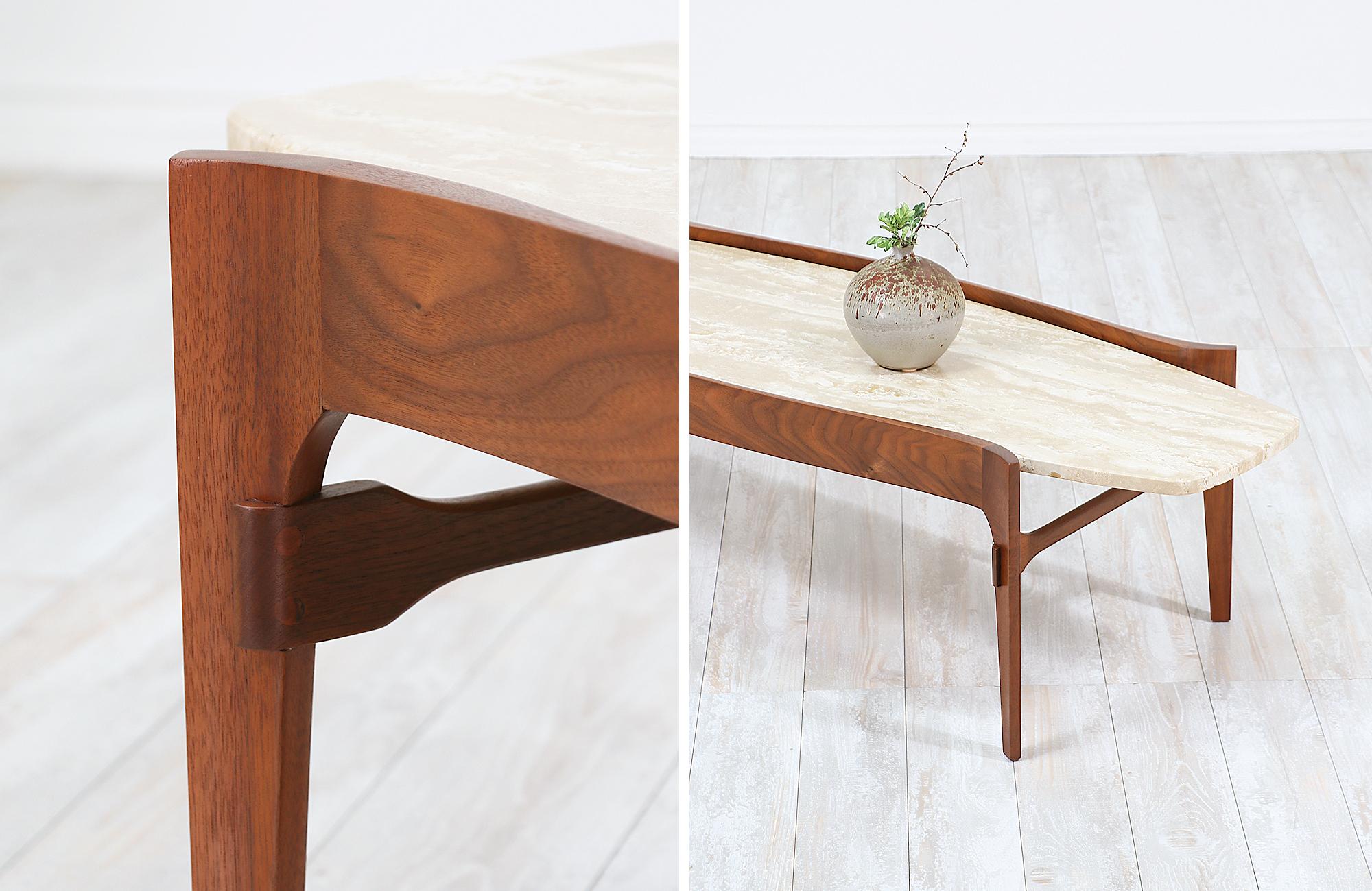 Midcentury Sculpted Walnut & Italian Travertine Coffee Table by Gordon Furniture 6
