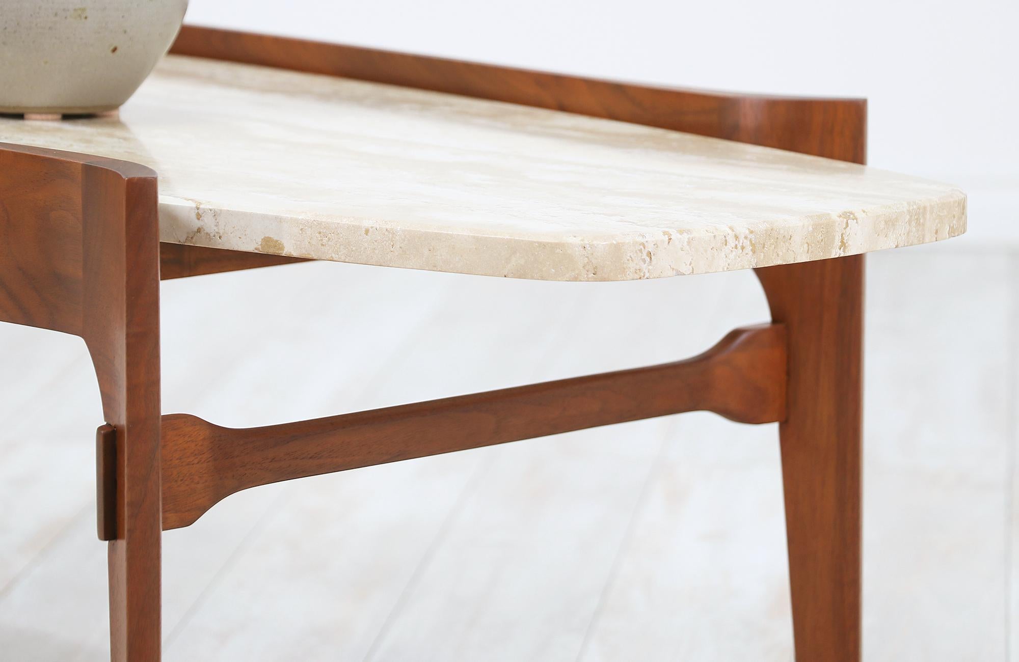 Midcentury Sculpted Walnut & Italian Travertine Coffee Table by Gordon Furniture 3