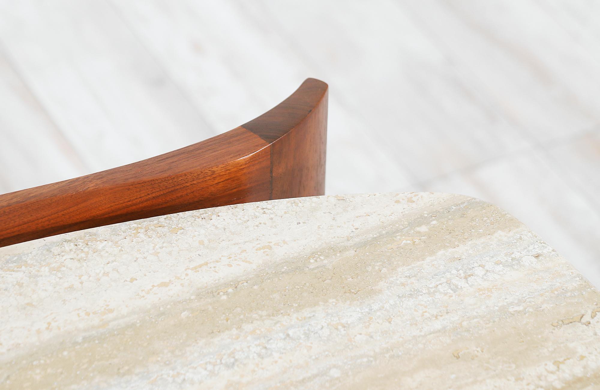 Midcentury Sculpted Walnut & Italian Travertine Side Tables by Gordon Furniture 3