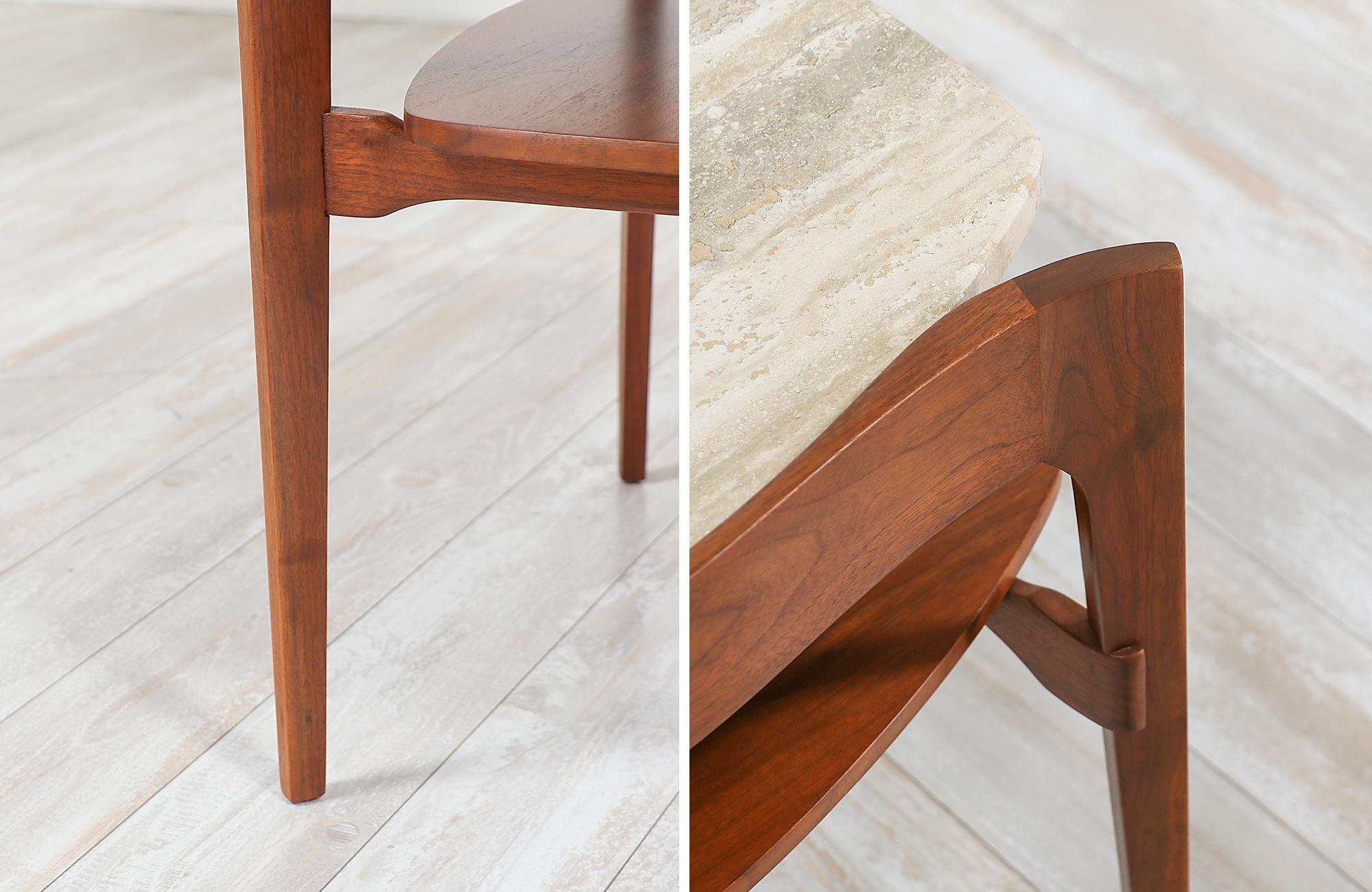 Midcentury Sculpted Walnut & Italian Travertine Side Tables by Gordon Furniture 5