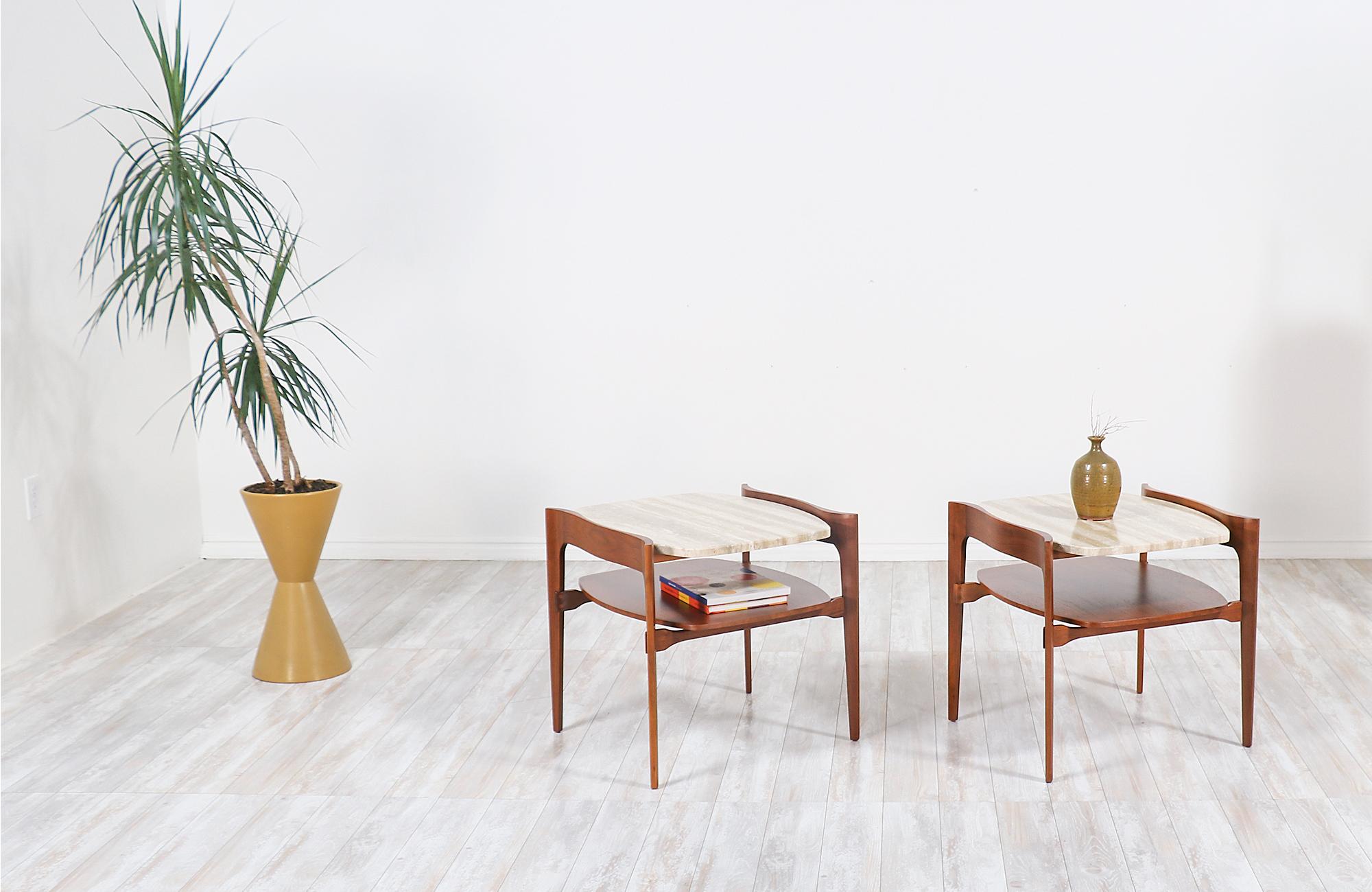 Mid-Century Modern Midcentury Sculpted Walnut & Italian Travertine Side Tables by Gordon Furniture