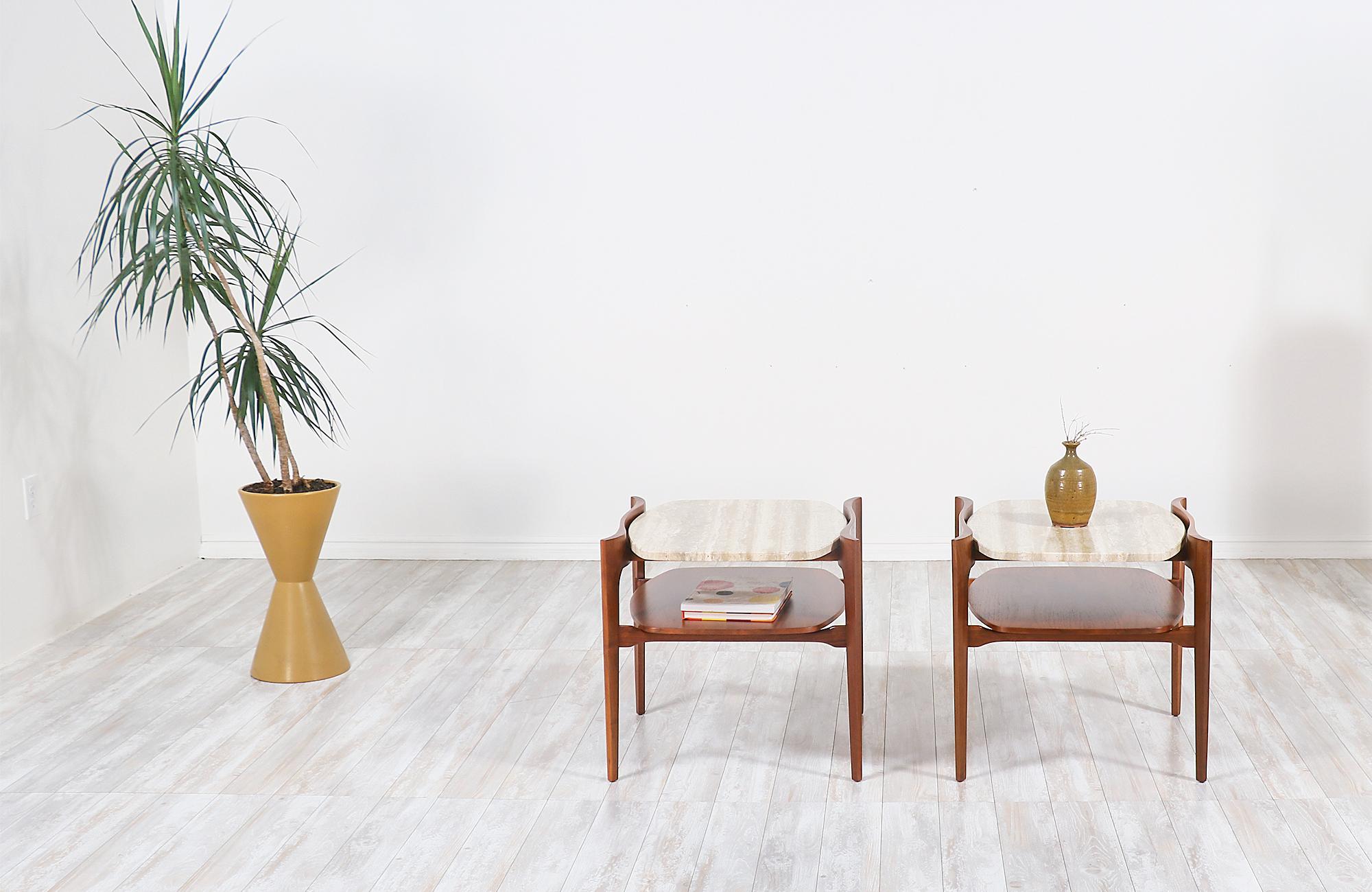 American Midcentury Sculpted Walnut & Italian Travertine Side Tables by Gordon Furniture