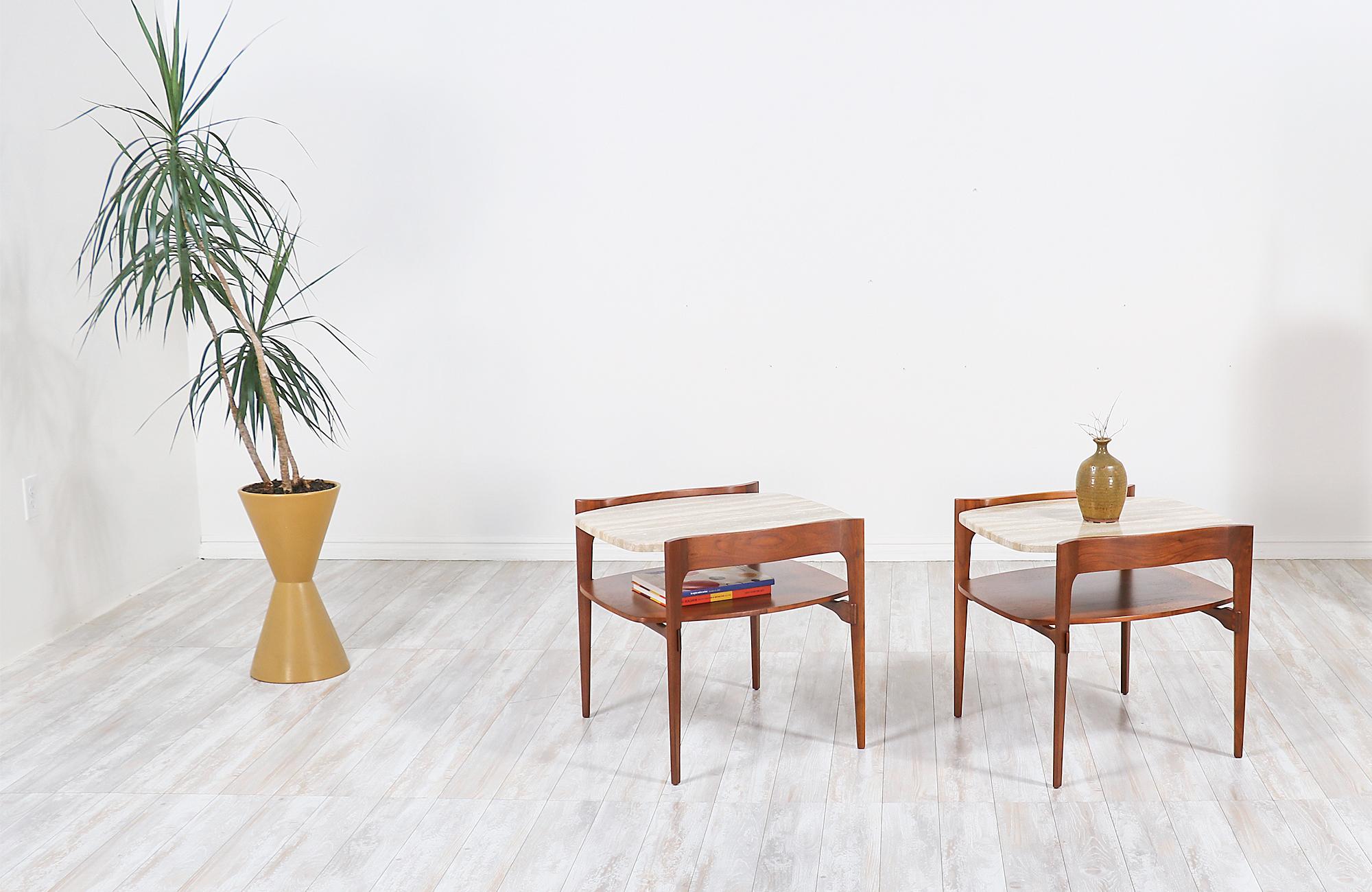 Midcentury Sculpted Walnut & Italian Travertine Side Tables by Gordon Furniture In Excellent Condition In Los Angeles, CA