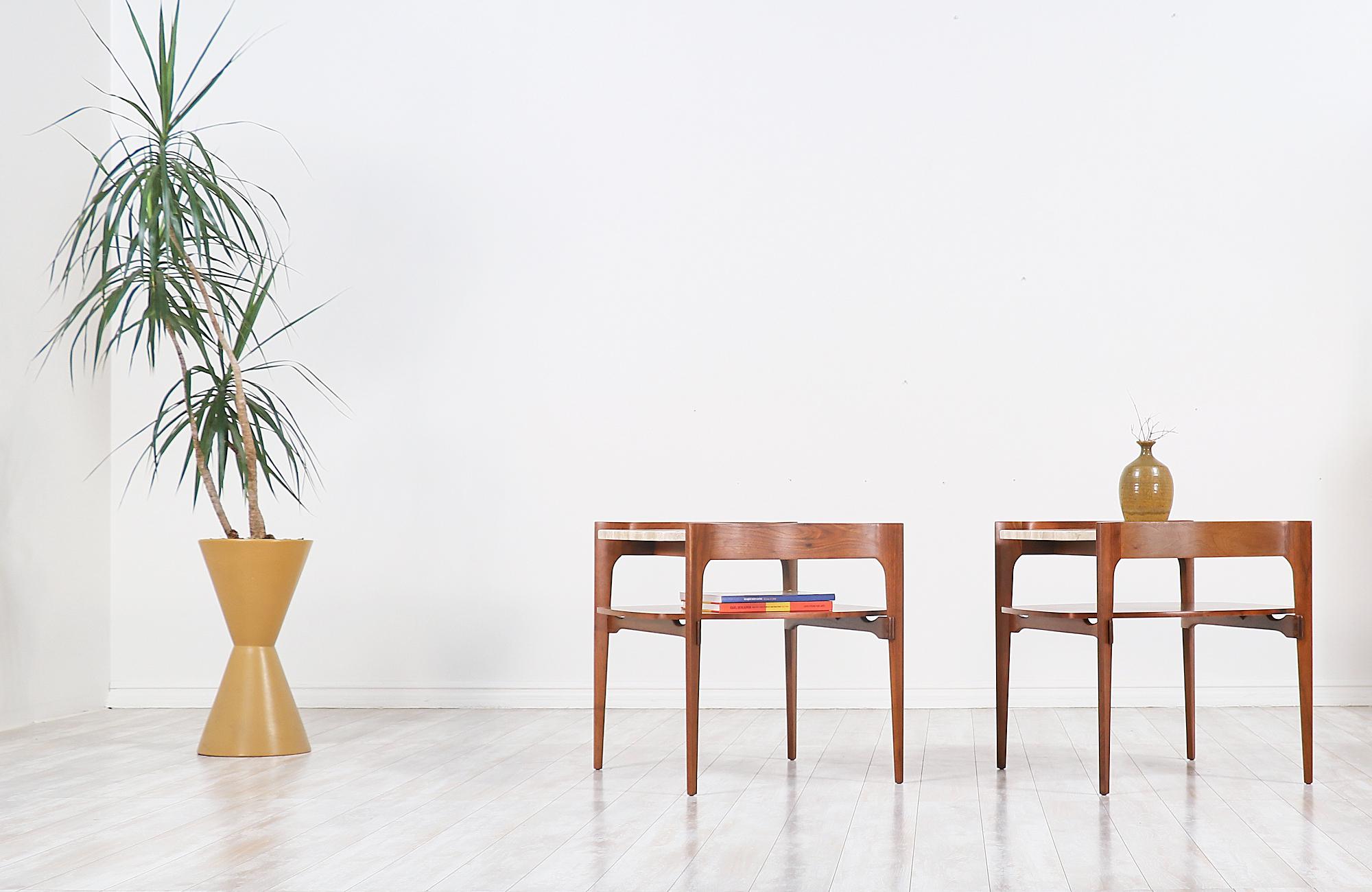 Marble Midcentury Sculpted Walnut & Italian Travertine Side Tables by Gordon Furniture