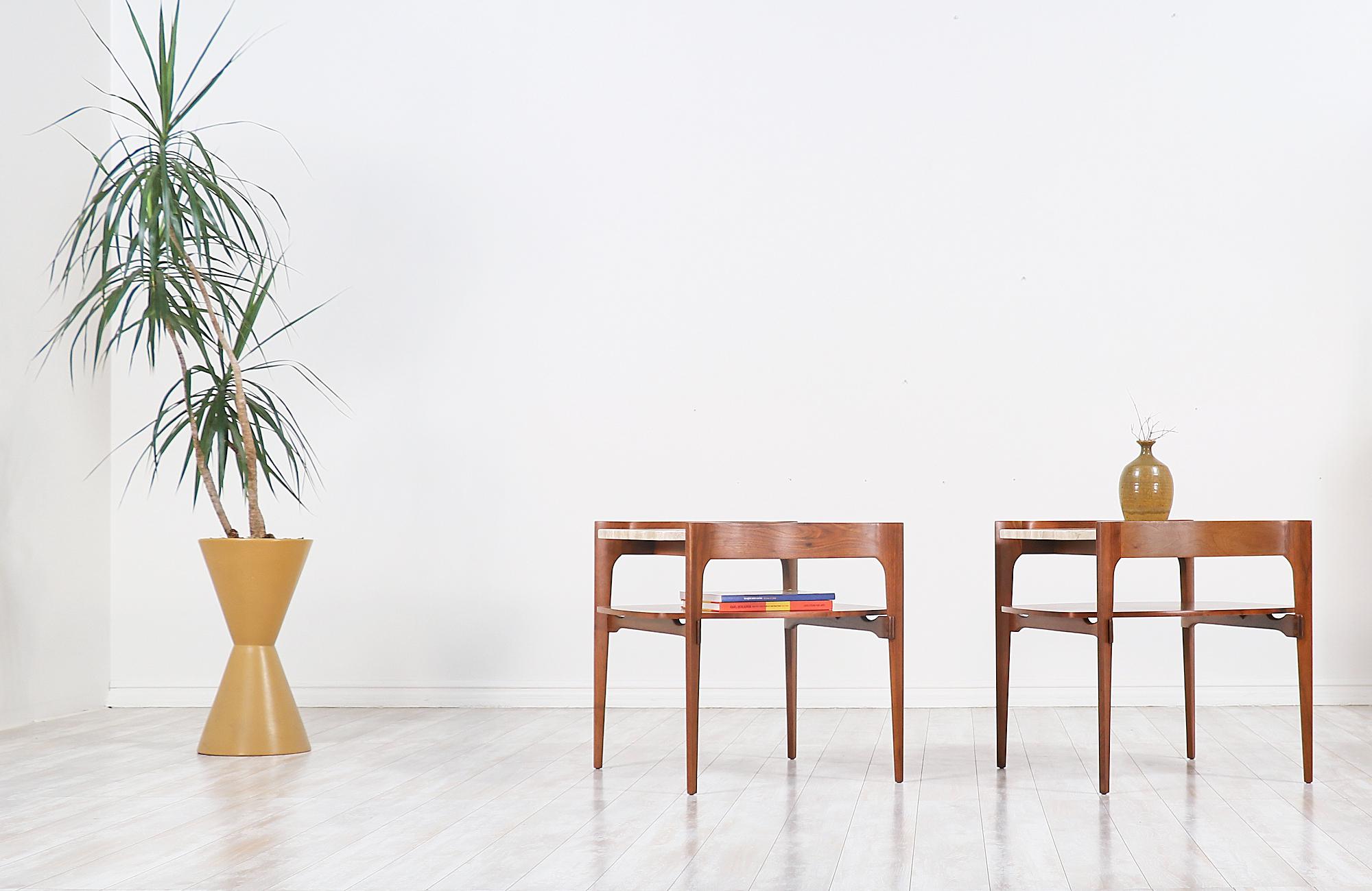 Midcentury Sculpted Walnut & Italian Travertine Side Tables by Gordon Furniture 1