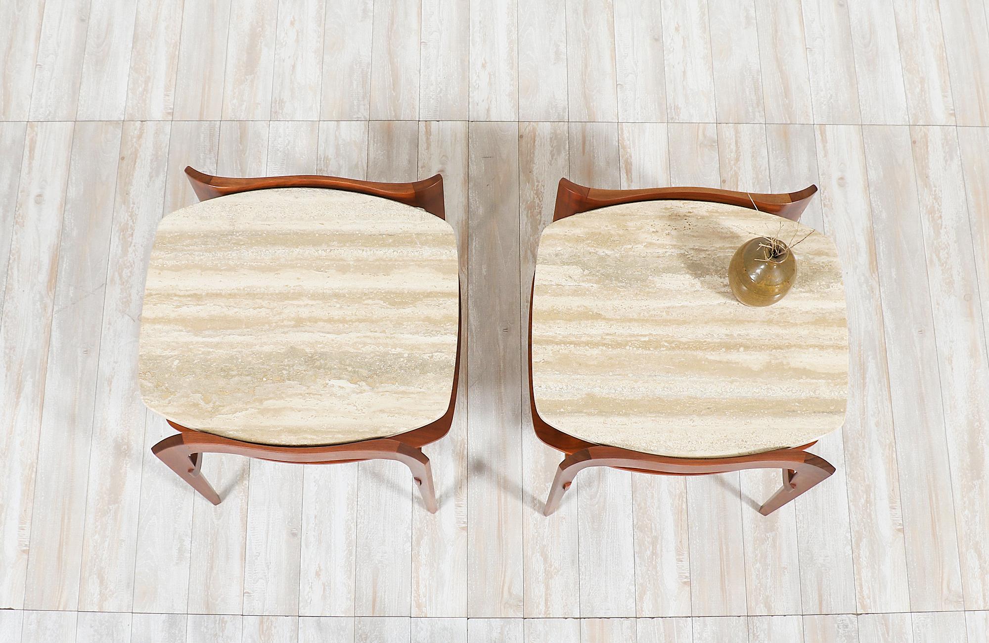 Midcentury Sculpted Walnut & Italian Travertine Side Tables by Gordon Furniture 2