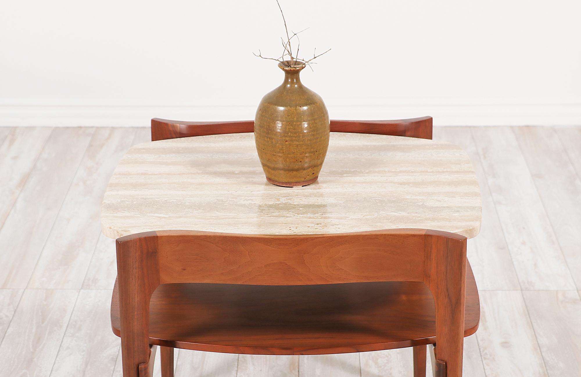 Midcentury Sculpted Walnut & Italian Travertine Side Tables by Gordon Furniture 3