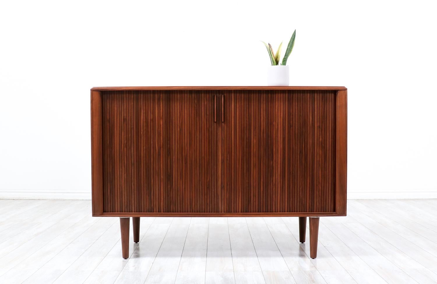 Midcentury Sculpted Walnut Tambour-Door Credenza by Barzilay.