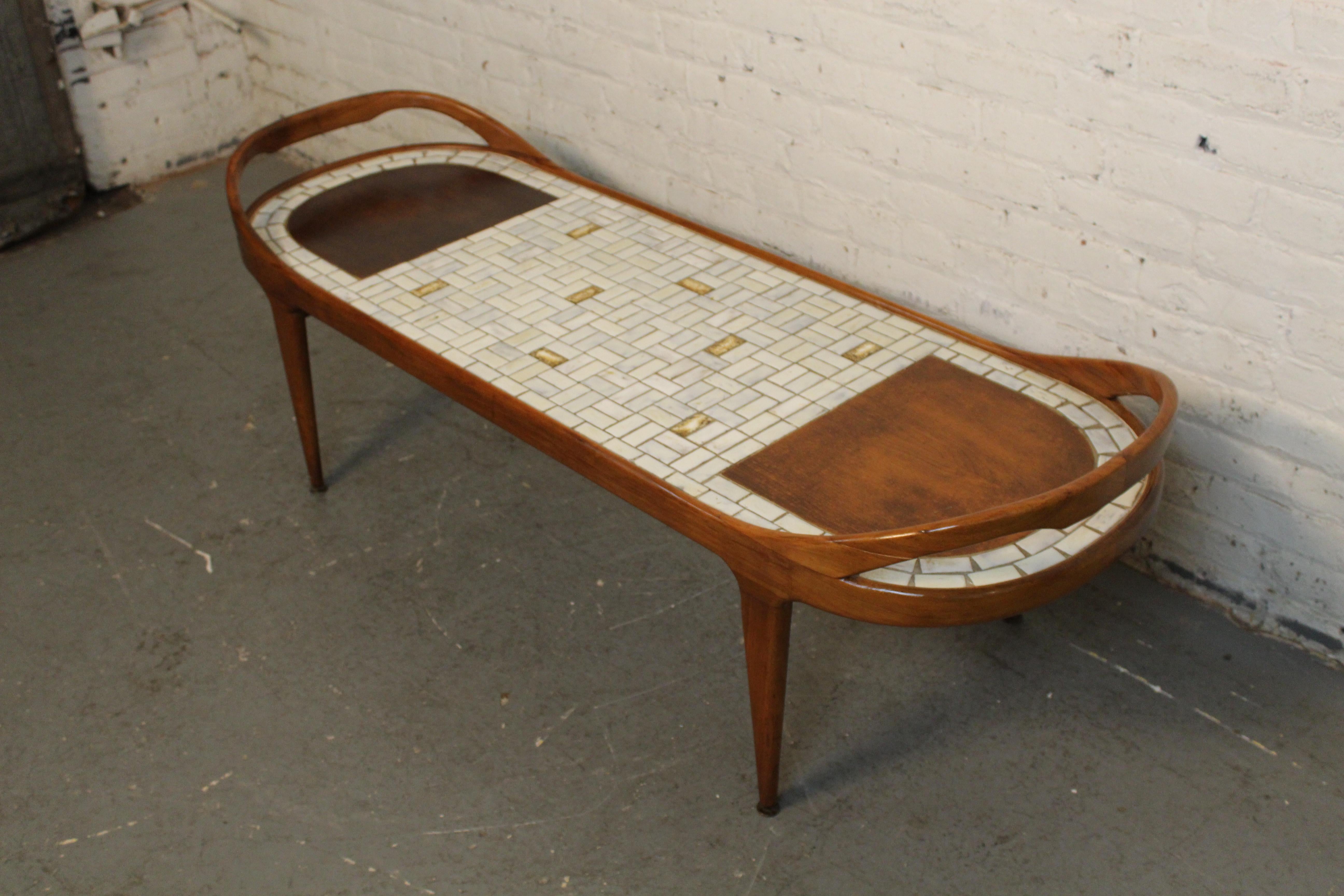 American Mid-Century Sculpted Walnut Tile Mosaic Surfboard Table For Sale