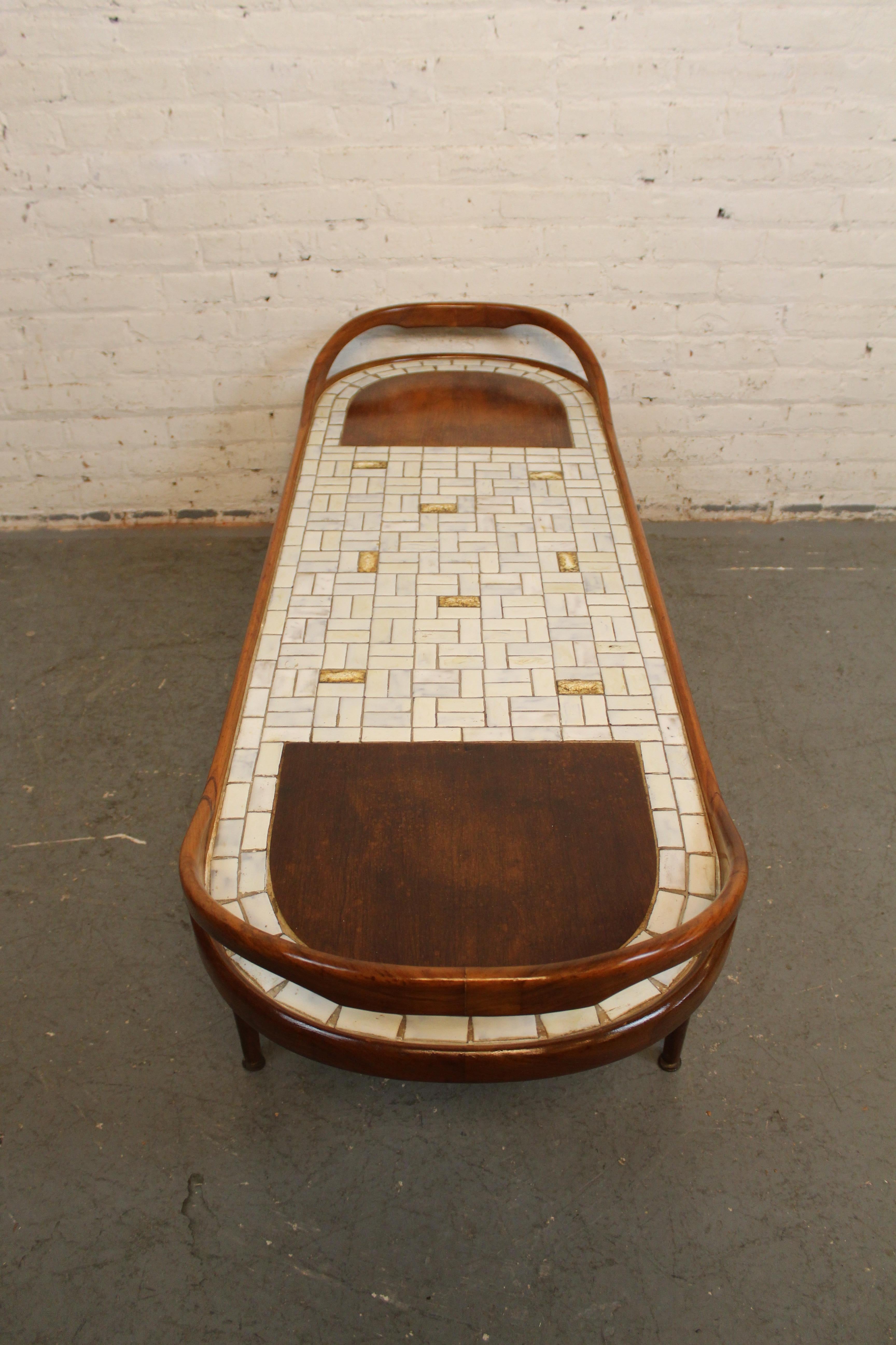 Mid-Century Sculpted Walnut Tile Mosaic Surfboard Table For Sale 1