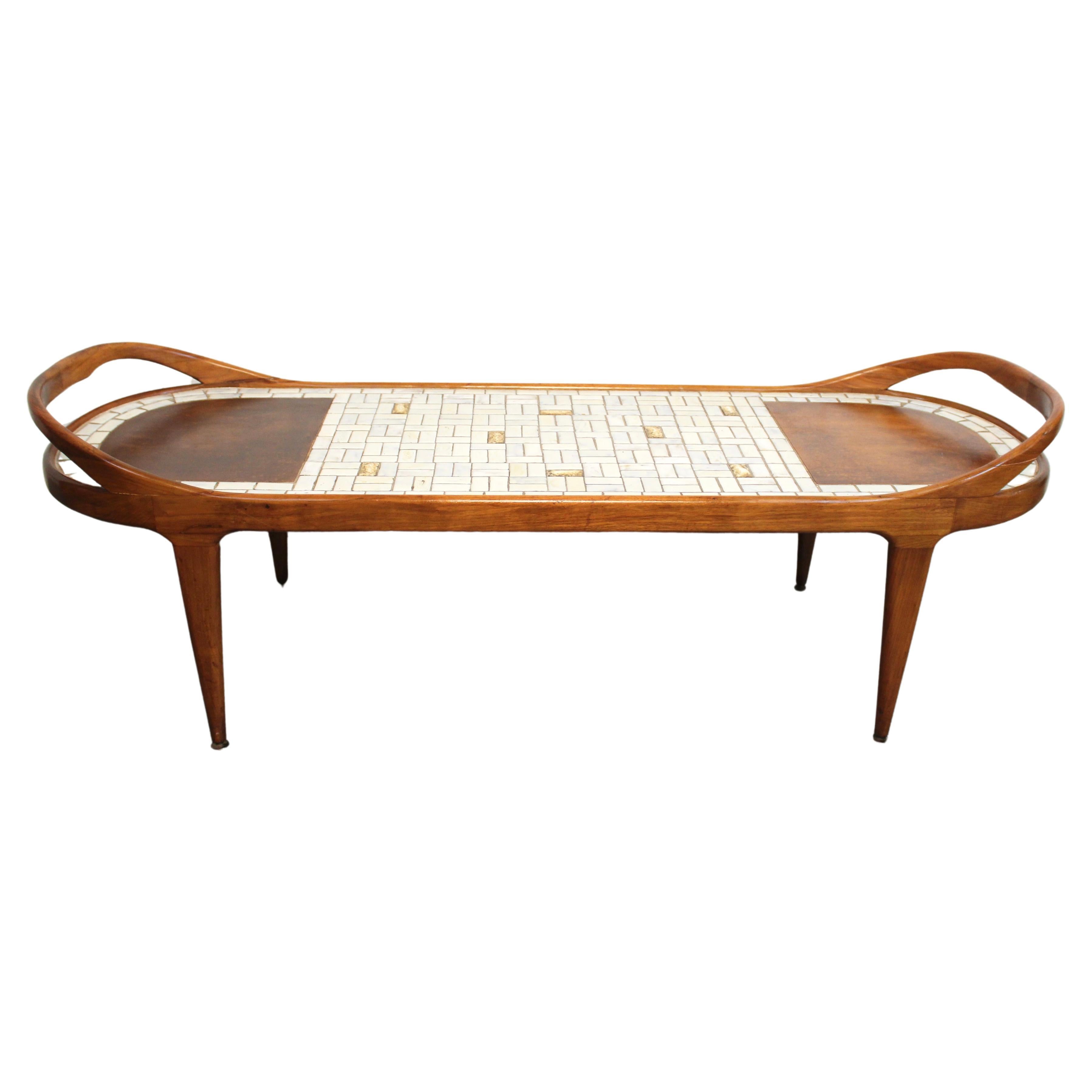 Mid-Century Sculpted Walnut Tile Mosaic Surfboard Table For Sale