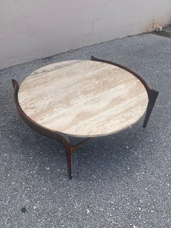 Mid-Century Sculpted Walnut & Travertine Coffee Table by Gordon’s Furniture Co.