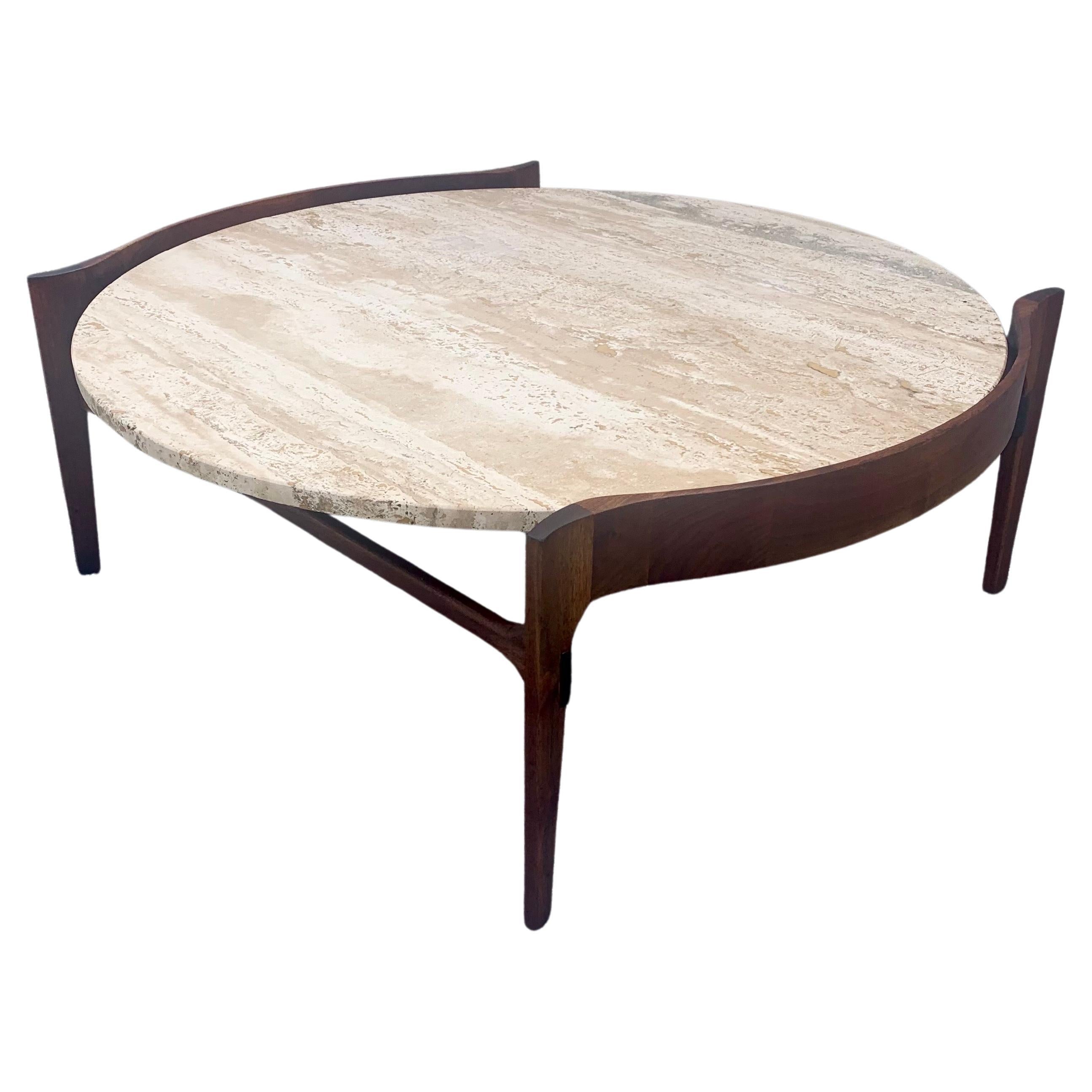 Mid-Century Sculpted Walnut & Travertine Coffee Table by Gordon’s Furniture Co.  For Sale