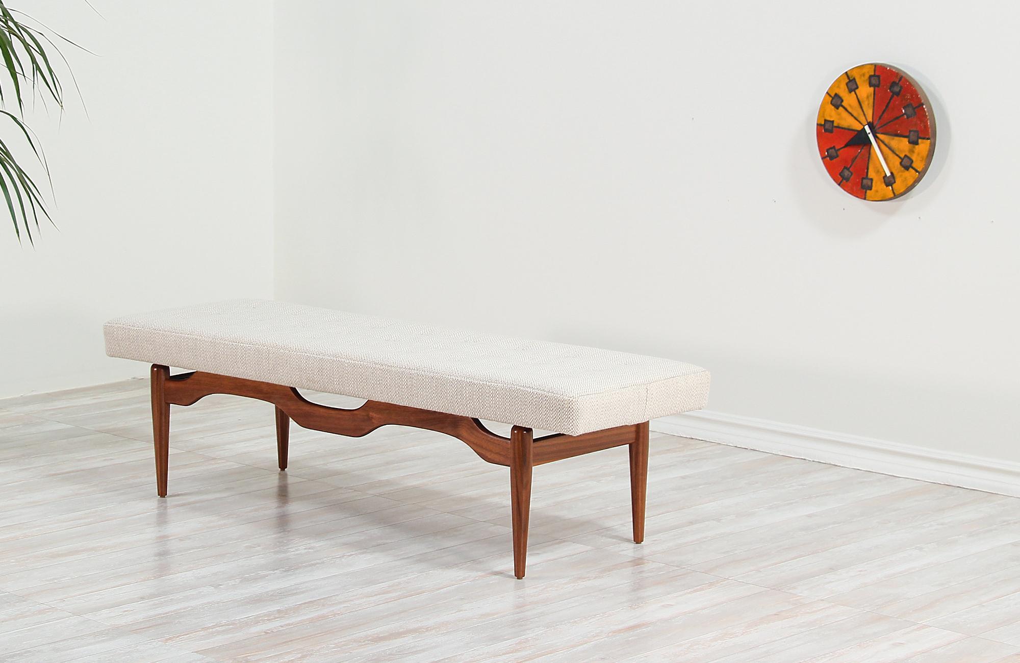 American Midcentury Sculpted Walnut and Tufted Bench