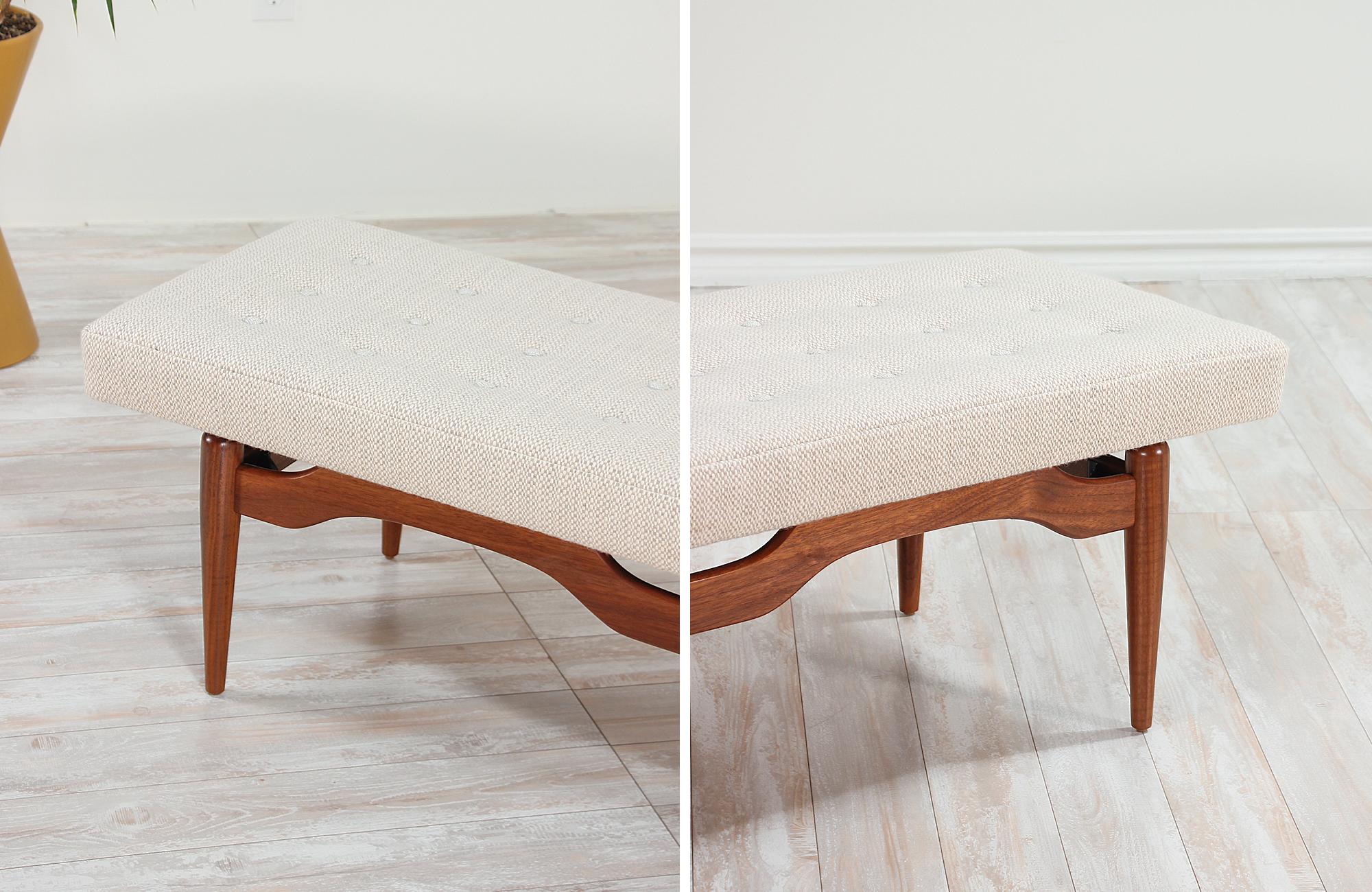 Fabric Midcentury Sculpted Walnut and Tufted Bench