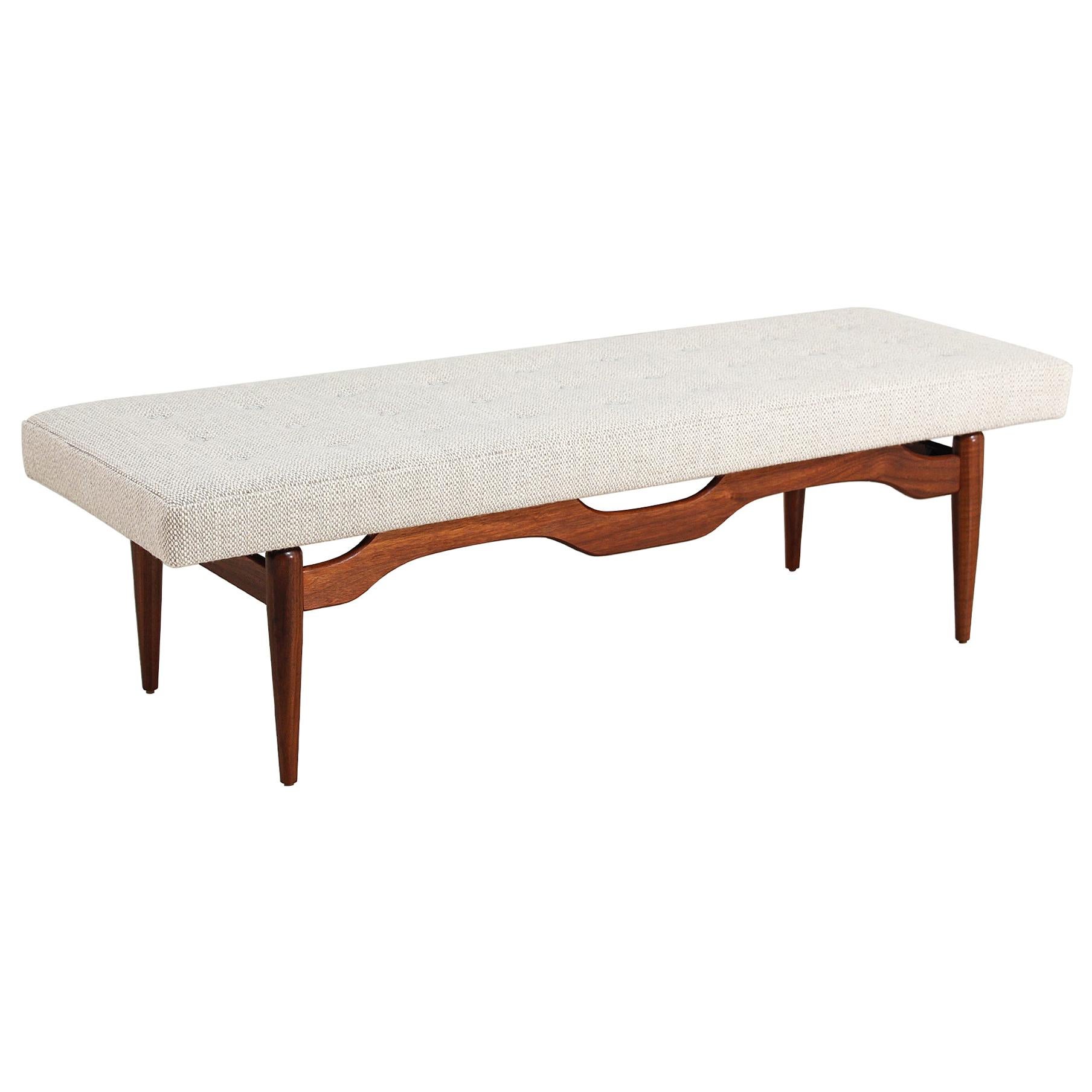 Midcentury Sculpted Walnut and Tufted Bench