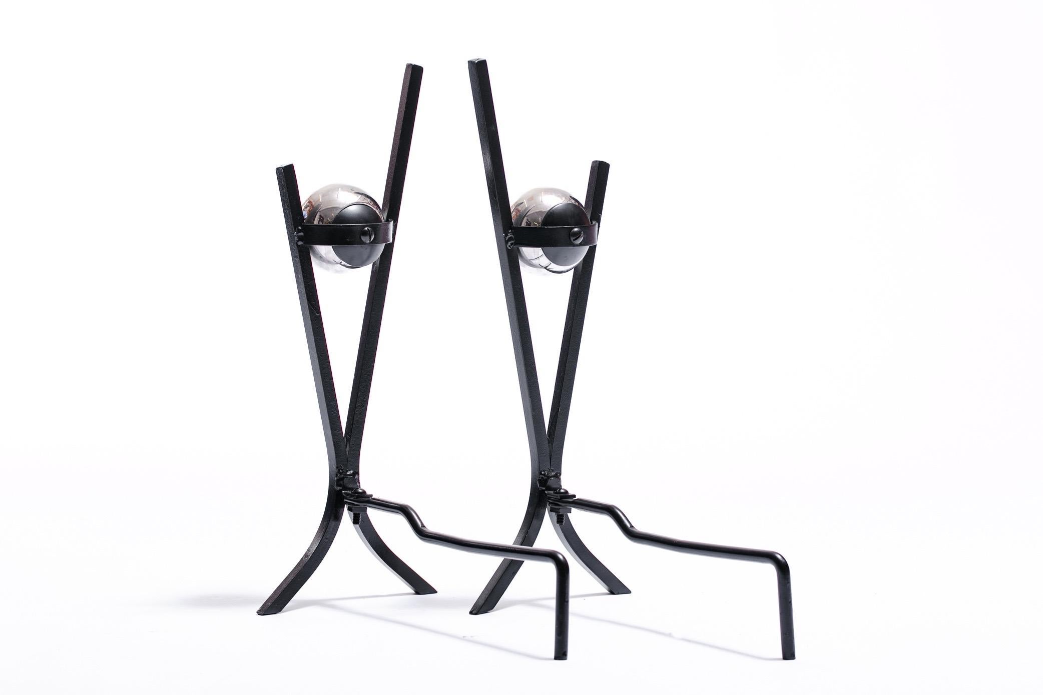 American Midcentury Sculptural Andirons in Nickel and Iron, circa 1950