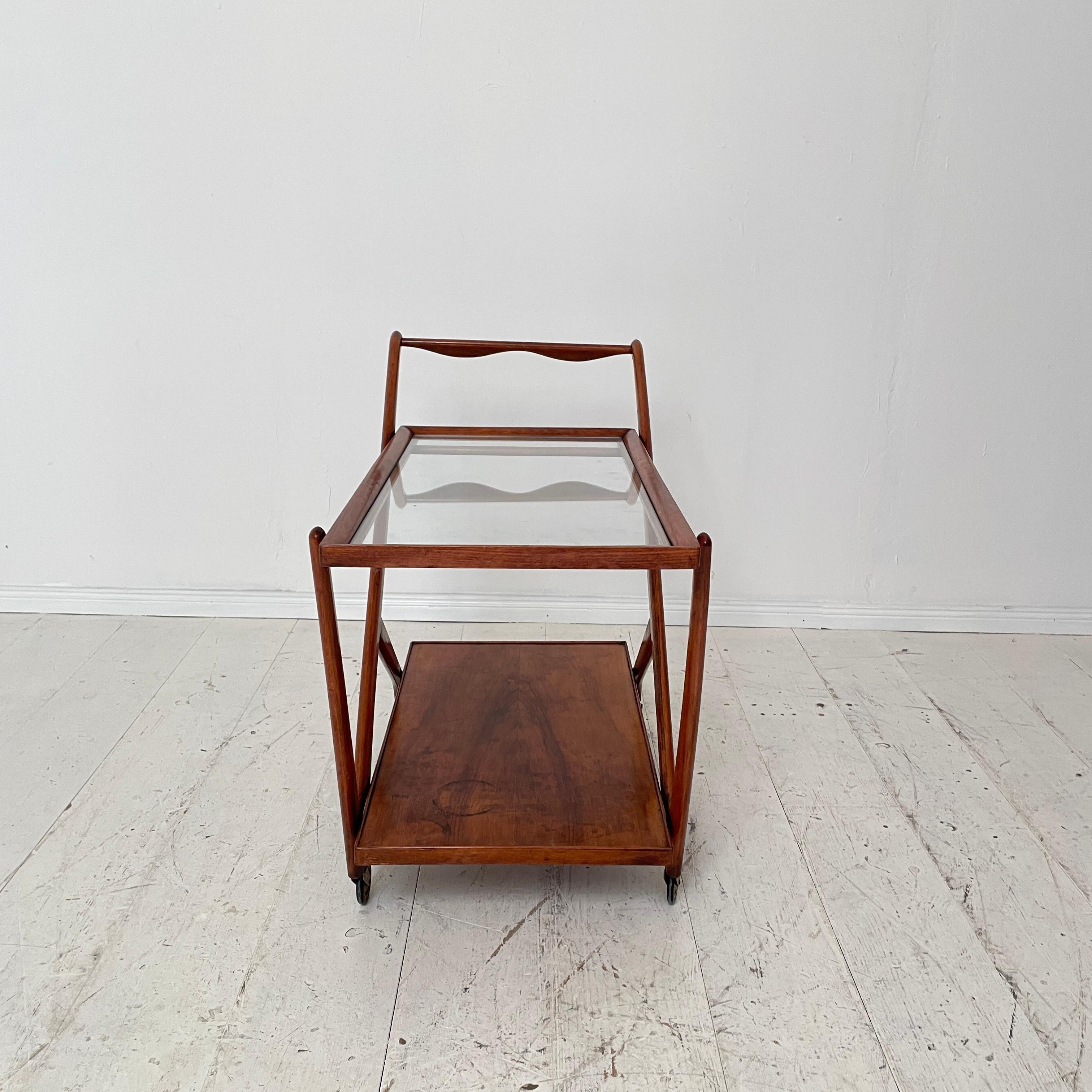 Glass Mid-Century Sculptural Bar Cart by Cesare Lacca in Light Brown Walnut, 1950s