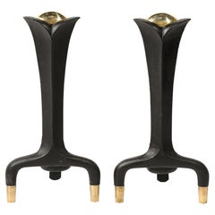 Mid-Century Sculptural Black Iron & Brass Andirons by Donald Deskey for Bennet